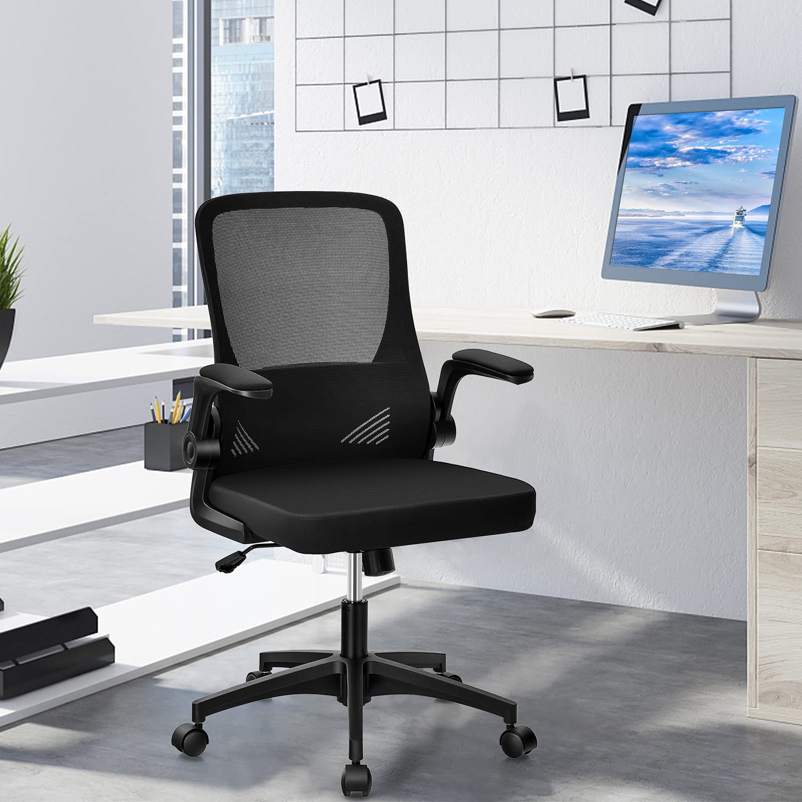 KOMFOTT Ergonomic Office Chair w/Foldable Backrest, Mid Back Mesh Chair with Lumbar Support, Flip up Arms