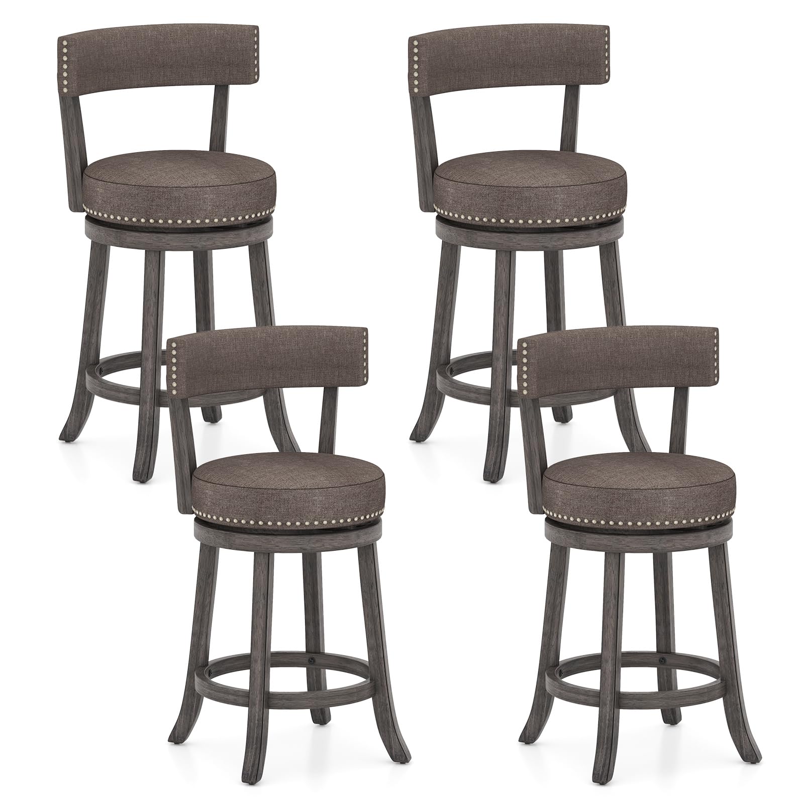 KOMFOTT Bar Stools Set of 2/4, Swivel Counter Height Bar Chairs with Footrest, Rubber Wood Frame