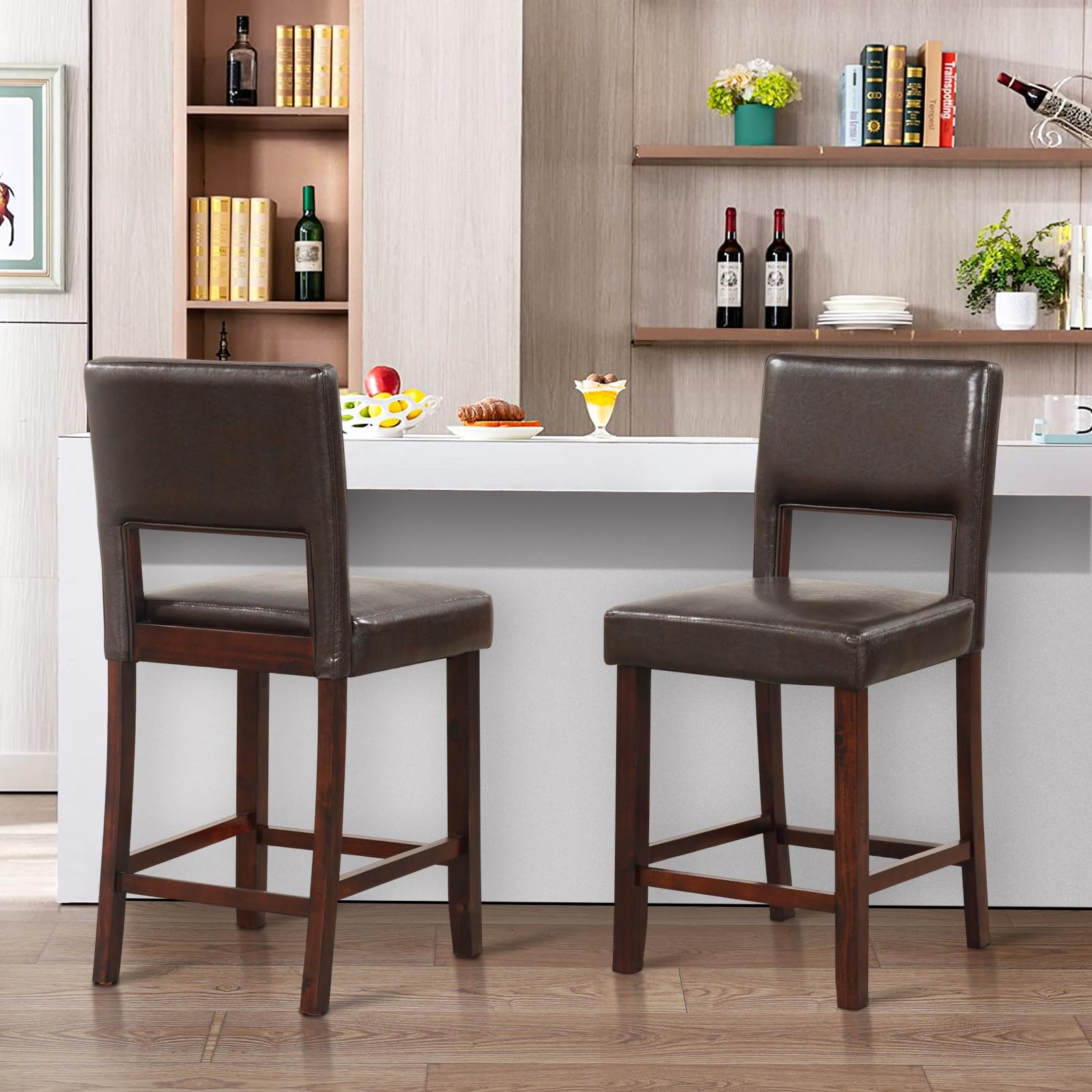 KOMFOTT 24.5" Counter Height Bar Stools Set of 2, Linen Barstools with Back, Rubber Wood Legs