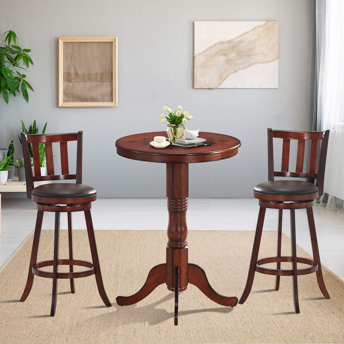 KOMFOTT Round Dining Table, Wooden Pub Pedestal Side Table W/Chessboard, Adjustable Foot Pads