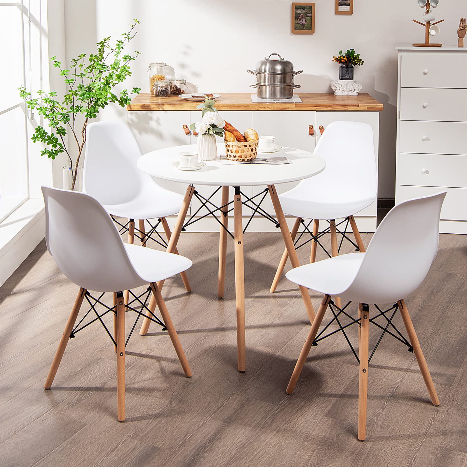 KOMFOTT Round Dining Table Set for 4, Modern 31.5" D Dining Table & 4 Dining Chairs with Solid Wood Legs