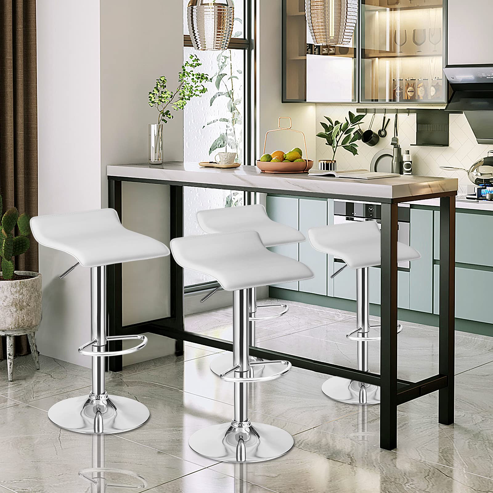 KOMFOTT Bar Stools Set of 2/4, Adjustable Swivel PU Leather Barstools w/Footrest, Chrome Base