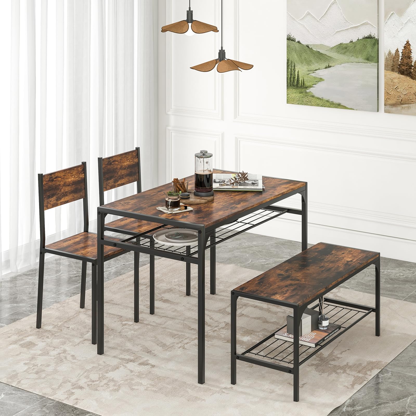 KOMFOTT Dining Table Set for 4, Industrial Rectangular Table w/ 2 Chairs, 1 Bench, Storage Racks, Sturdy Metal Frame