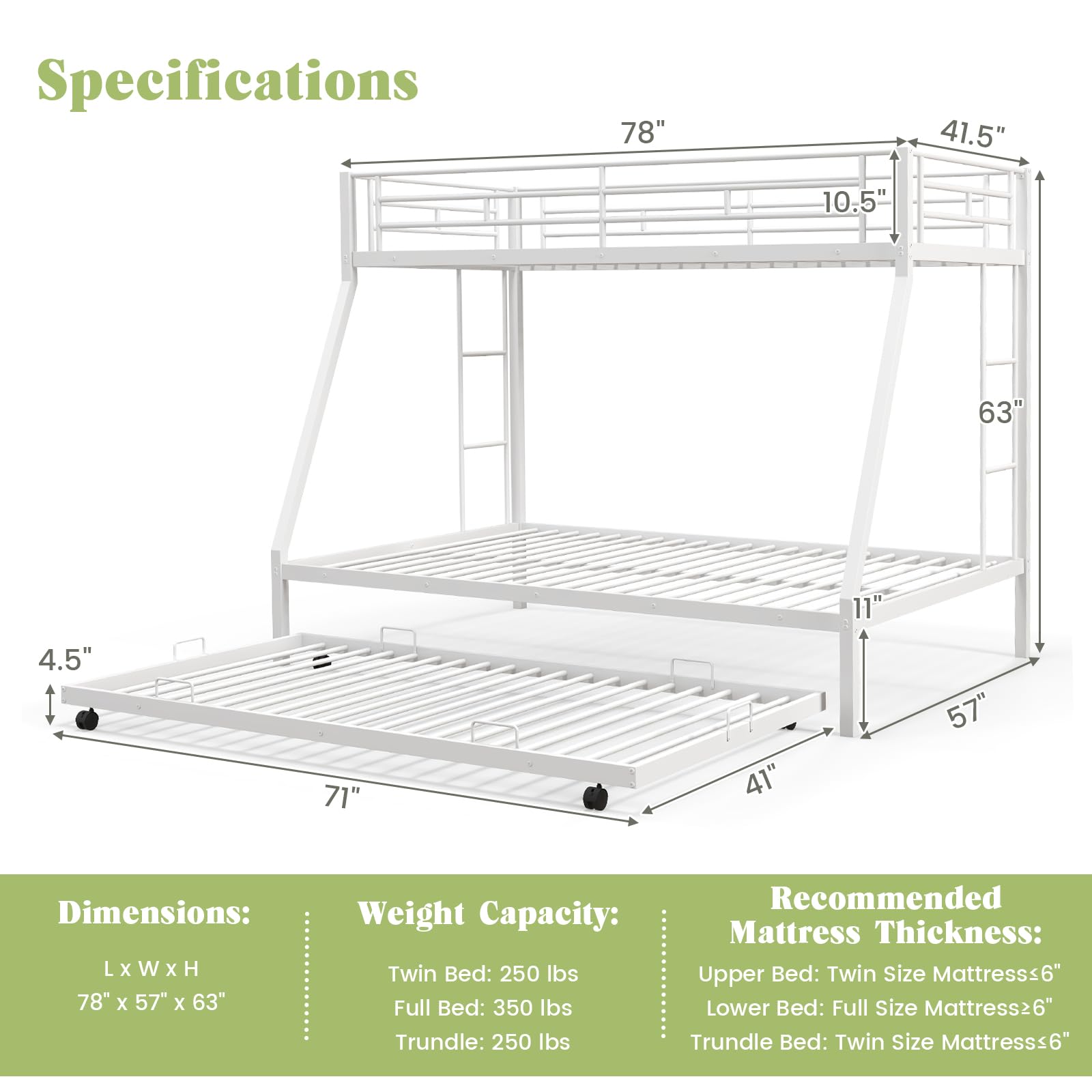 KOMFOTT Twin Over Full Bunk Bed with Trundle, Heavy-Duty Metal Bunk Bed Frame with Guardrail & 2 Ladders