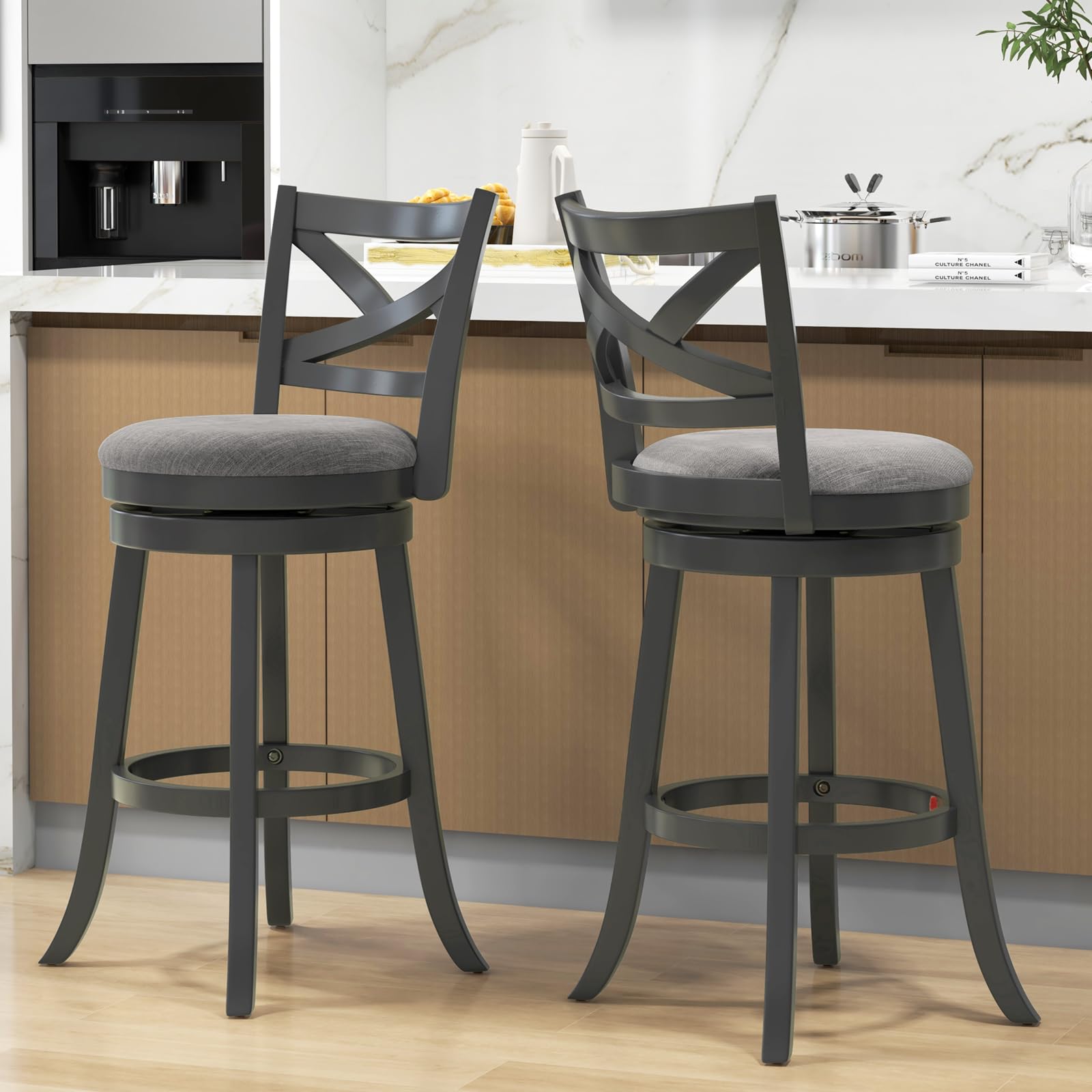 KOMFOTT Wood Swivel Bar Stools Set of 2, 30.5" Upholstered Bar Height Bar Stools with X Back, Linen Cushioned Seat