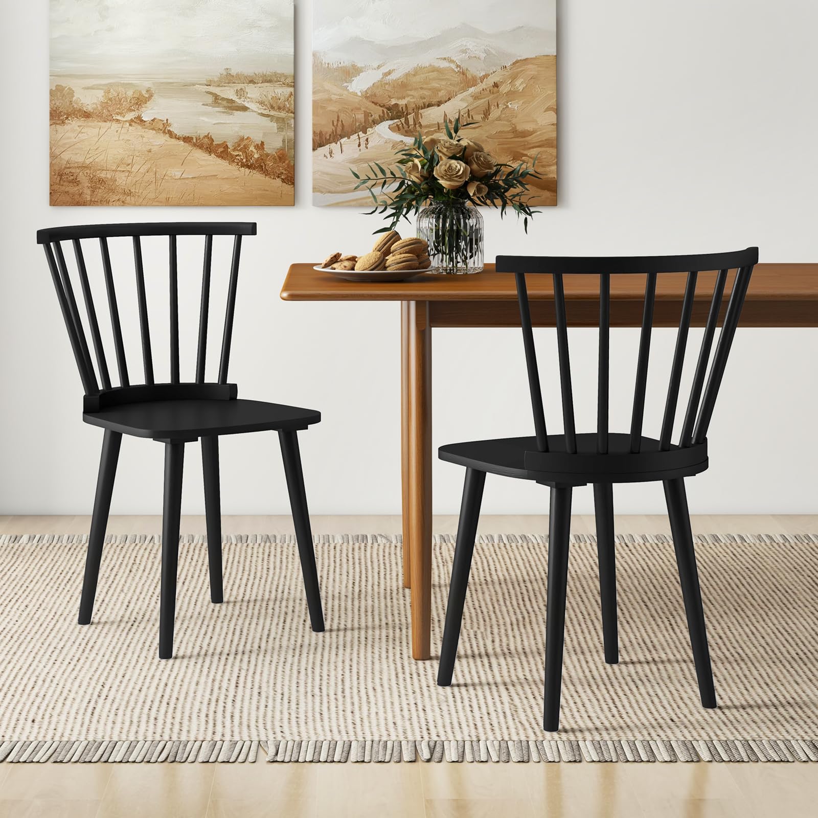 KOMFOTT Wood Dining Chairs Set of 2/4, Windsor Dining Chairs, American Country Kitchen Chairs w/Rubber Wood Frame & High Spindle Back