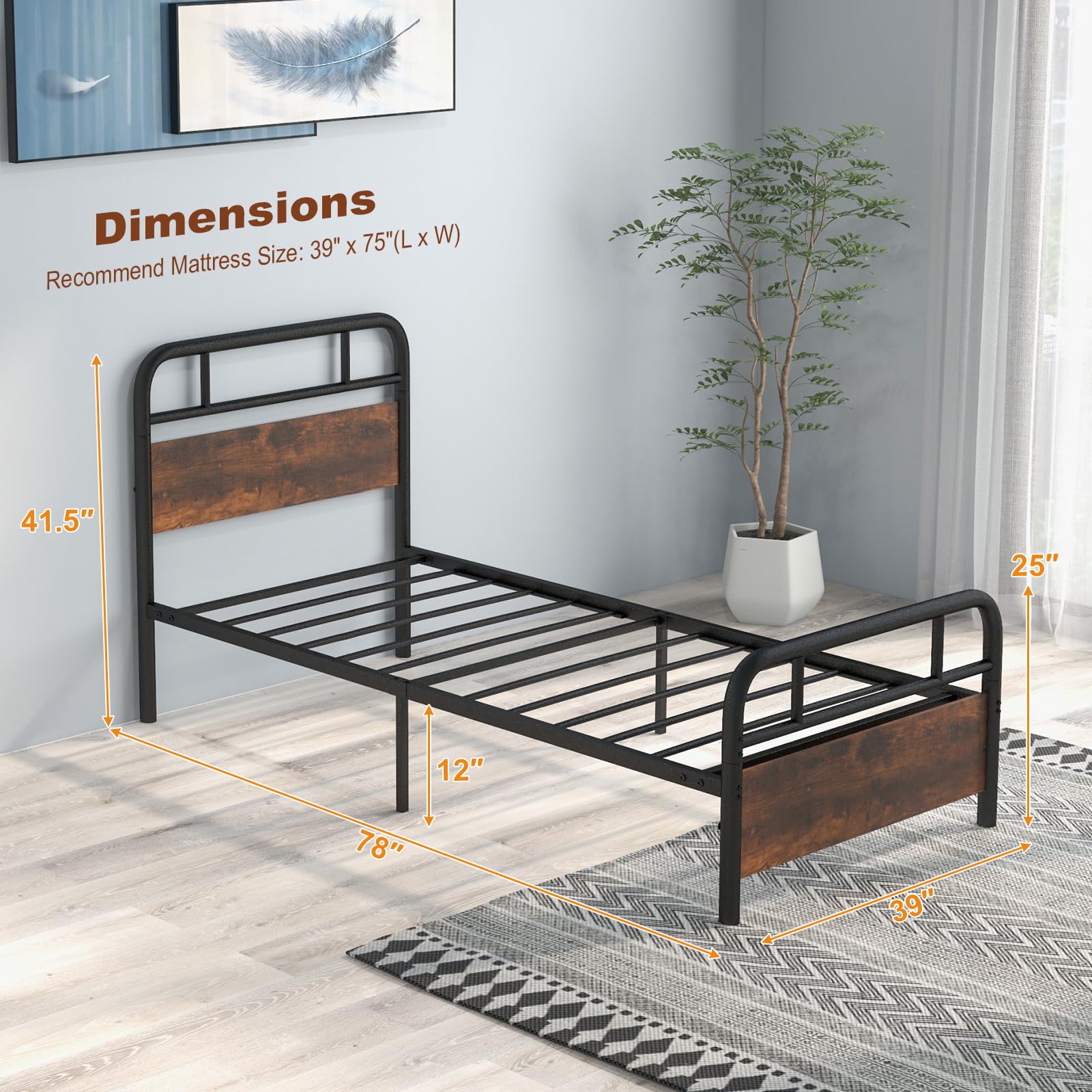 KOMFOTT Twin Size Metal Bed Frame, Industrial Platform Bed with Wood Headboard and Footboard, Rustic Brown