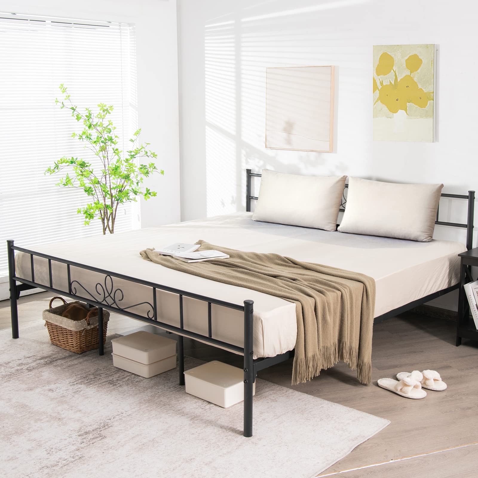 KOMFOTT Metal Platform Bed Frame with Headboard & Footboard, Reinforced Metal Slats Supported Mattress Foundation