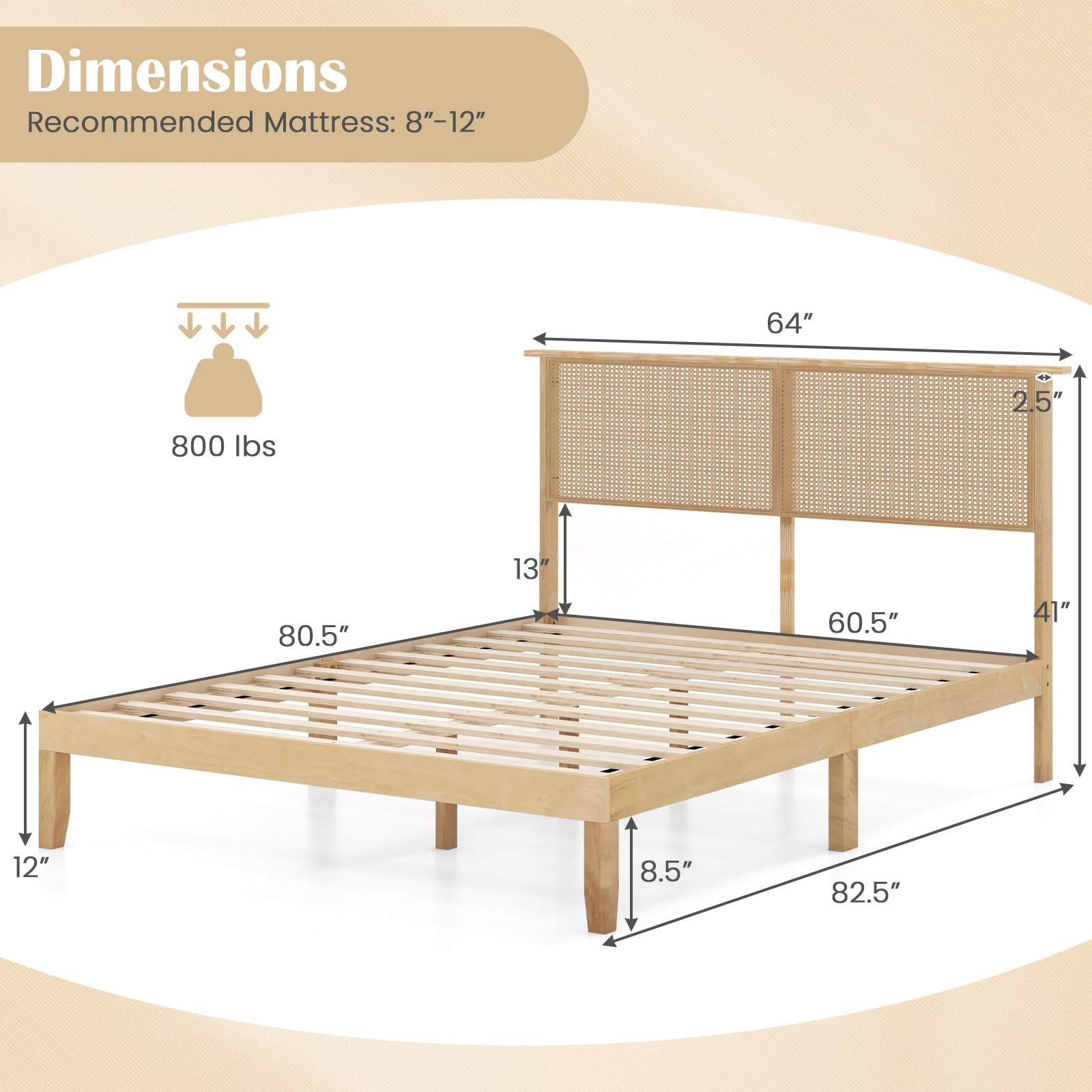 KOMFOTT Rattan Bed Frame with Rattan Headboard, Boho Solid Wood Platform Bed with Wooden Slats