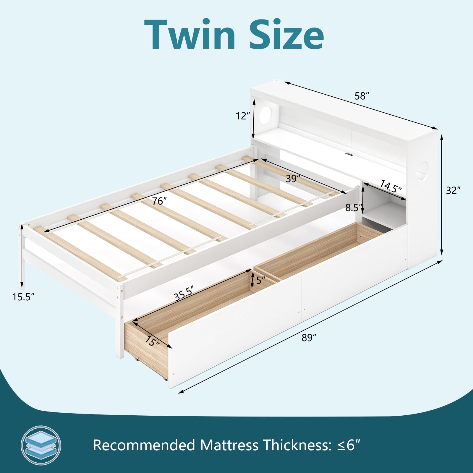 KOMFOTT Twin Wood Platform Daybed with 2 Drawers & Charging Station