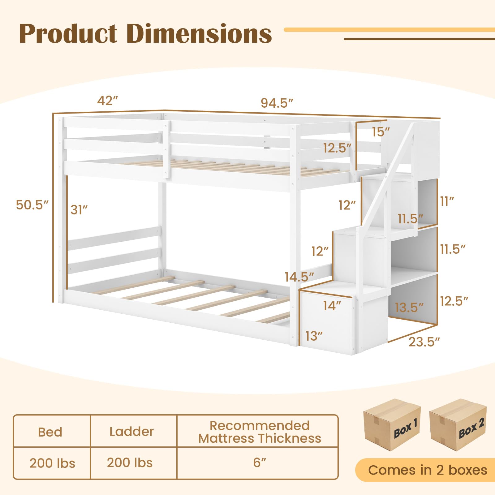 KOMFOTT Bunk Bed with Stairs, Solid Wood Floor Bunk Bed with Storage Staircase & Full-Length Guardrails