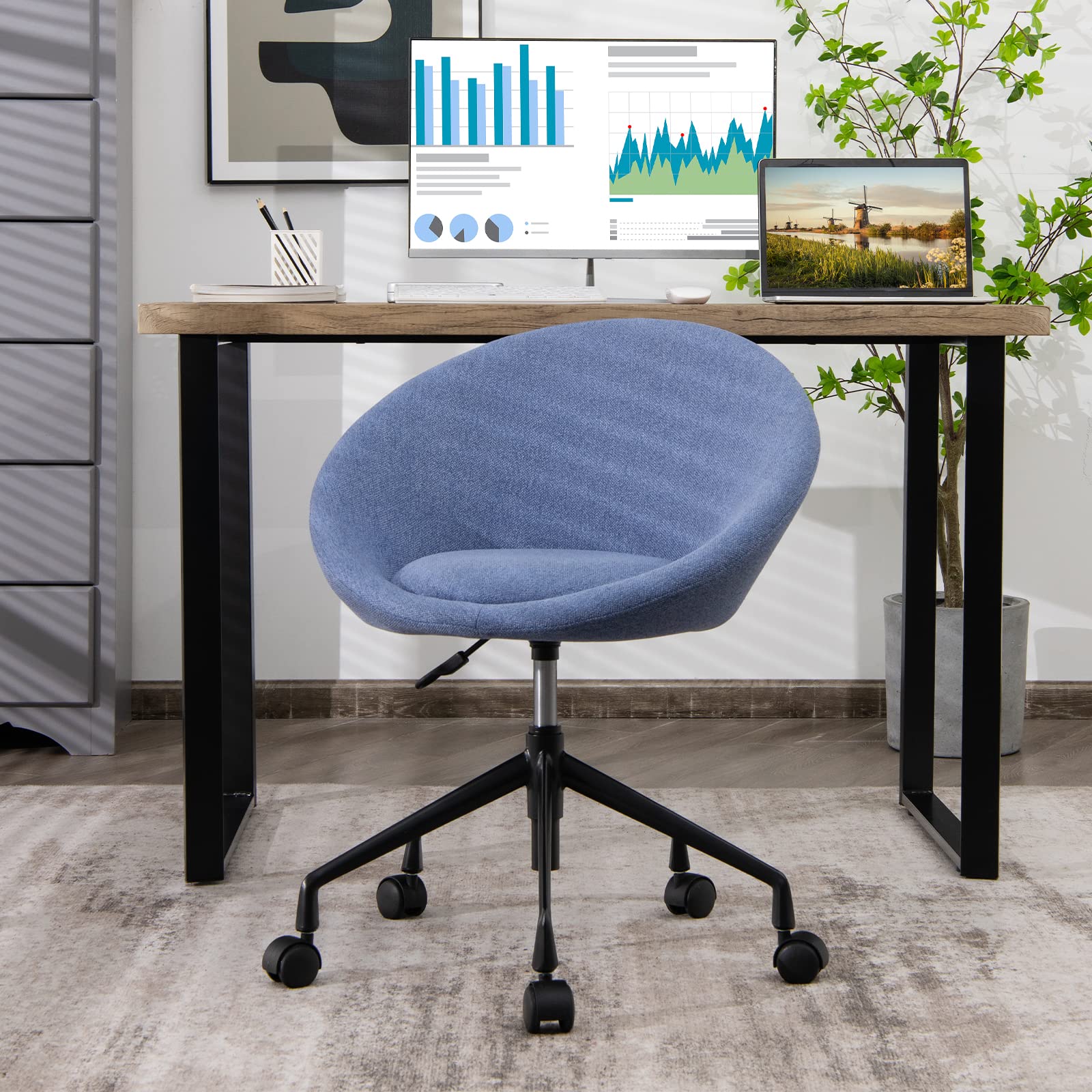 KOMFOTT Adjustable Swivel Office Chair, Modern Fabric Cute Desk Chair with Wheels and Circular Back