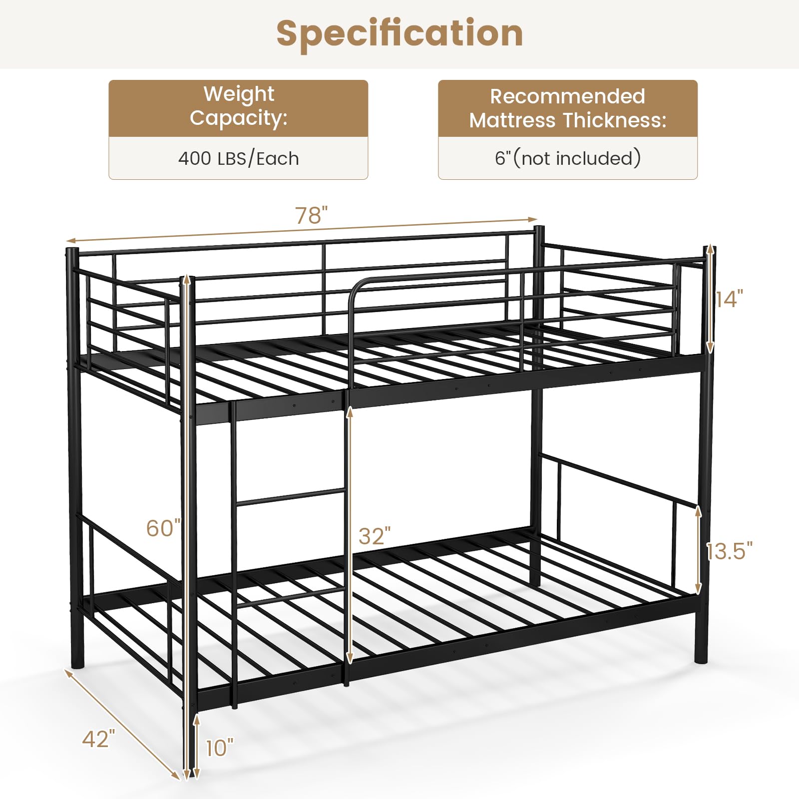 KOMFOTT Metal Twin Over Twin Bunk Bed with Ladder & Full-Length Guardrails