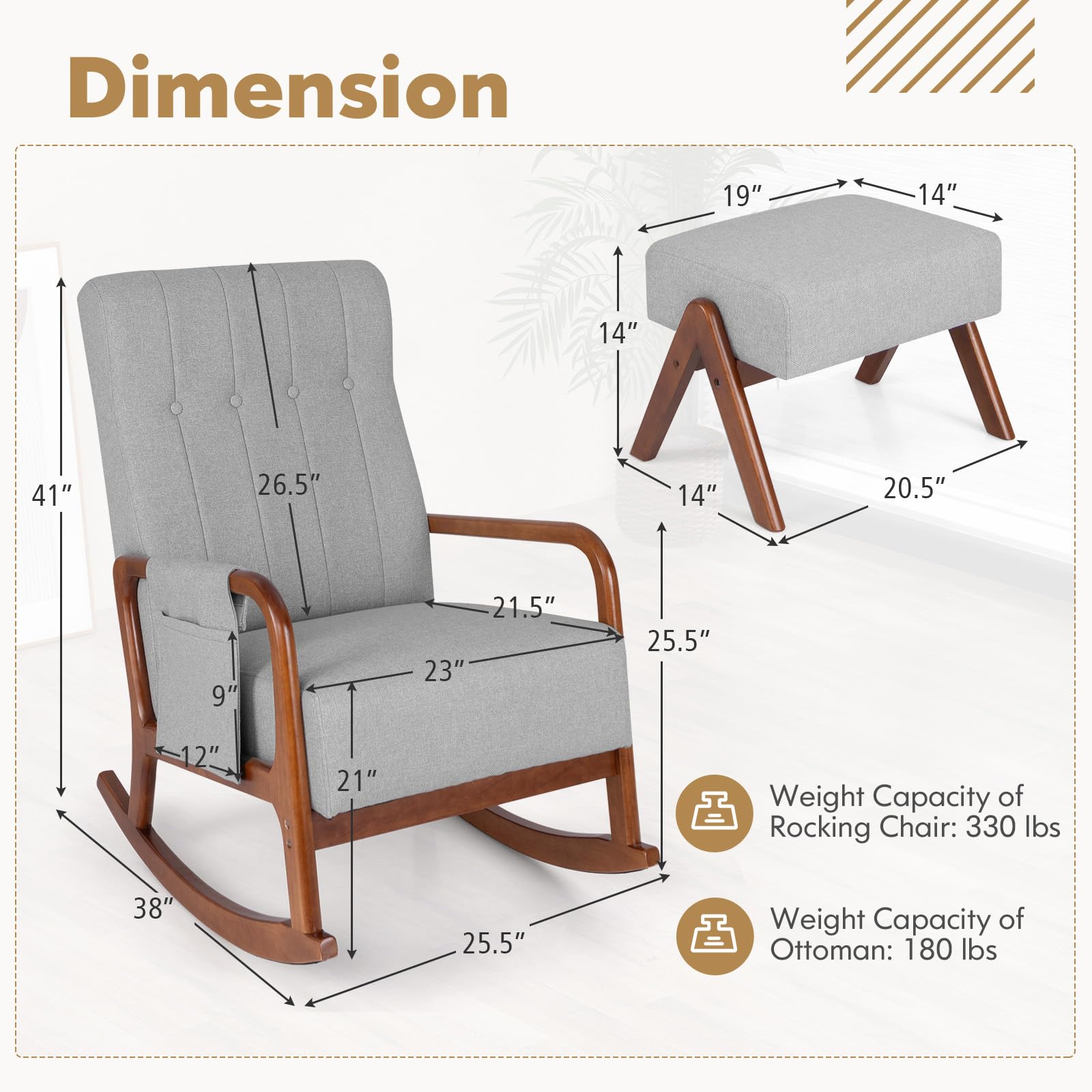 KOMFOTT Nursery Rocking Chair with Ottoman, Upholstered Rocker Chair with Side Pocket