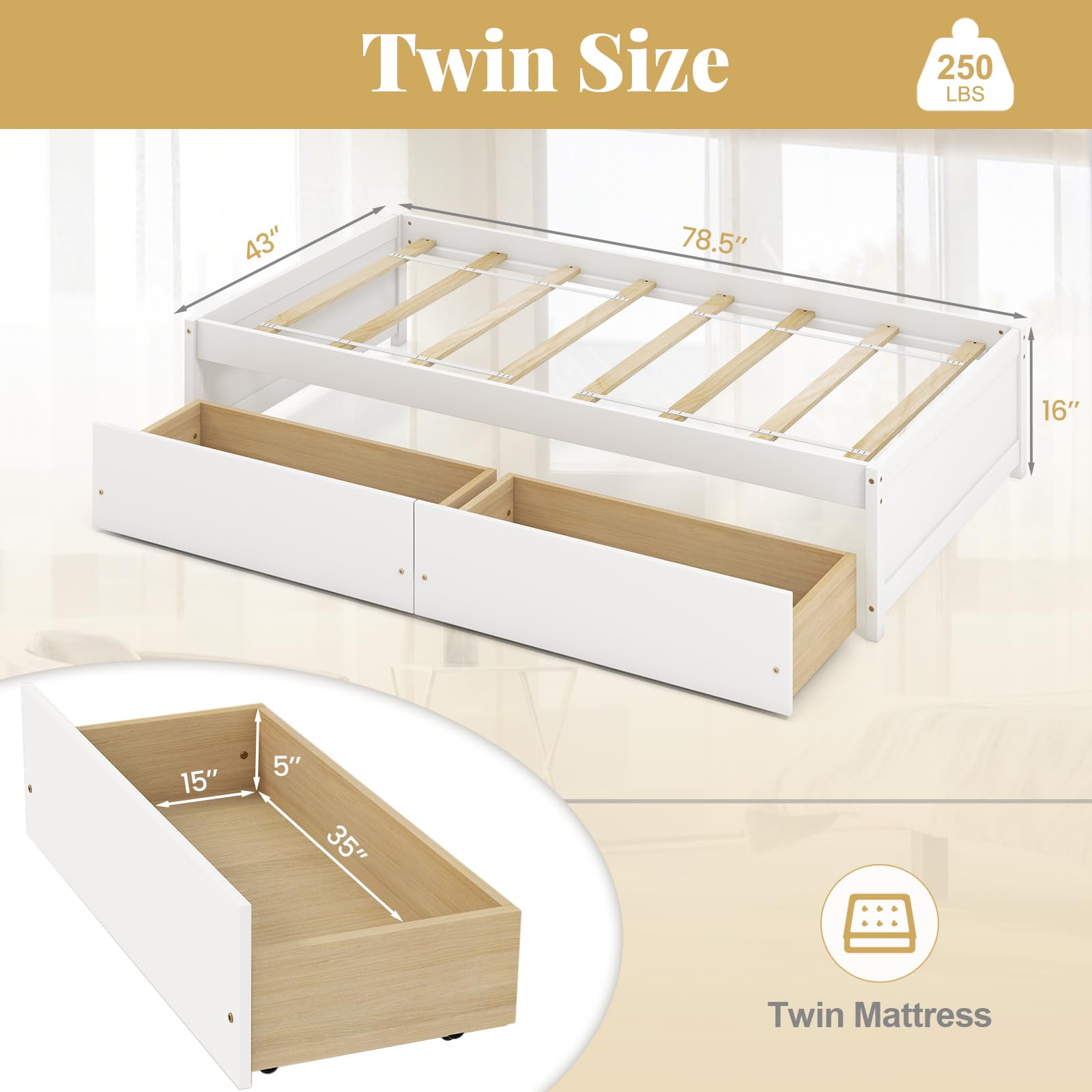 KOMFOTT Twin Bed Frame with 2 Storage Drawers, Solid Wood Platform Bed with Slats Support