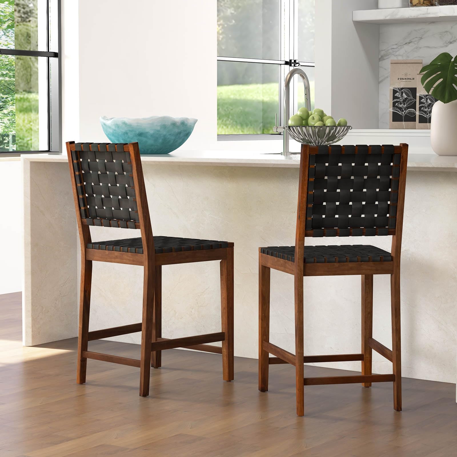 KOMFOTT 24" Counter Height Bar Stools Set of 2, Solid Wood Woven Rustic Barstools w/Faux PU Leather Straps