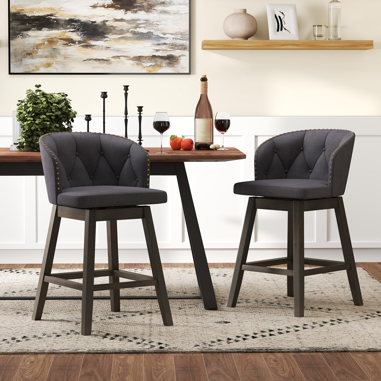 KOMFOTT Counter Height Bar Stools Set of 2/4, Fabric Upholstered Island Stools with 360° Swivel Seat & Button-Tufted Back