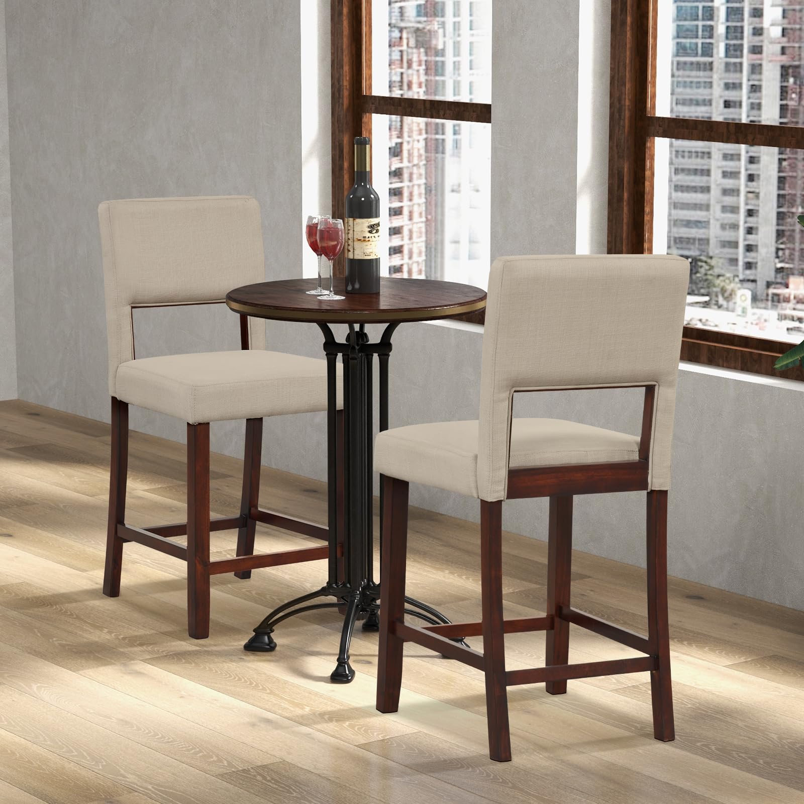 KOMFOTT 24.5" Counter Height Bar Stools Set of 2, Linen Barstools with Back, Rubber Wood Legs