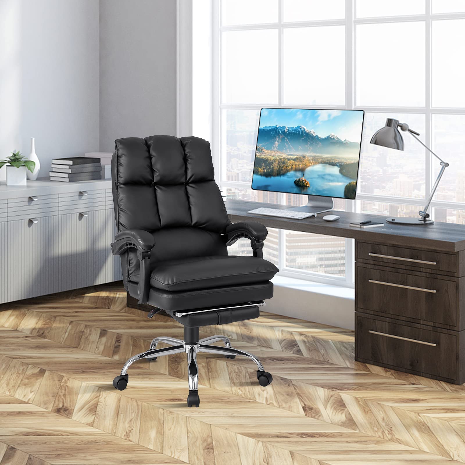 KOMFOTT Executive Office Chair, PU Leather Reclining Chair with Retractable Footrest & Padded Armrests, Soft Cushioned