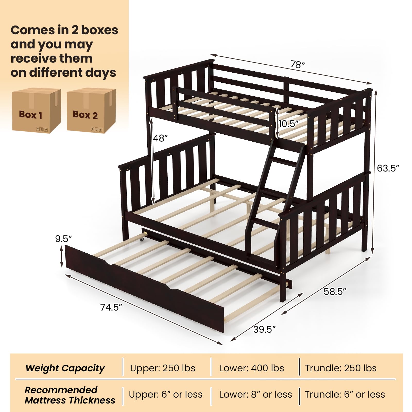 KOMFOTT Convertible 3-in-1 Twin Over Full Bunk Bed with Trundle