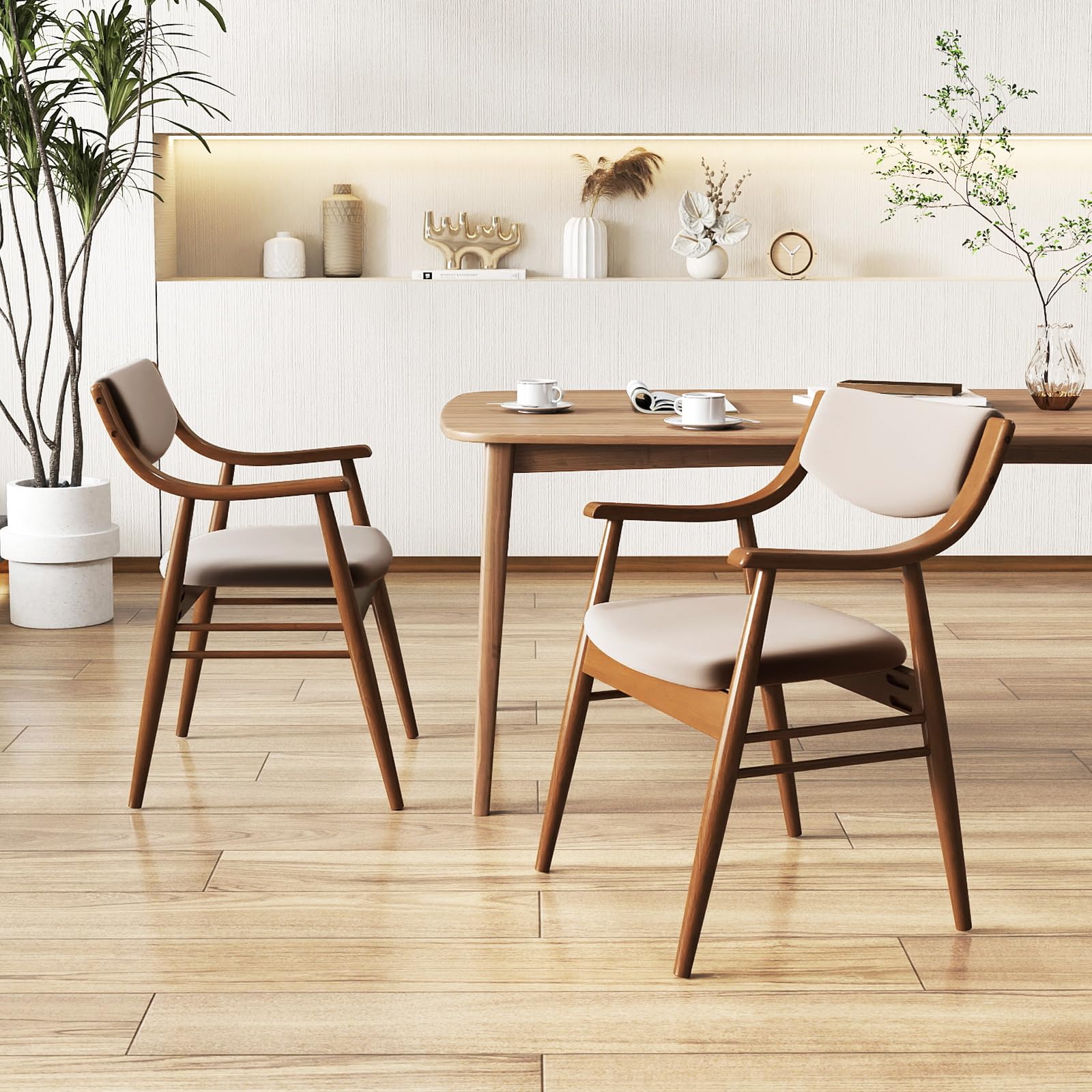 KOMFOTT Wooden Dining Chairs Set of 2/4, PU Leather Upholstered Kitchen Chairs w/Padded Seat & Back, Rubber Wood Frame