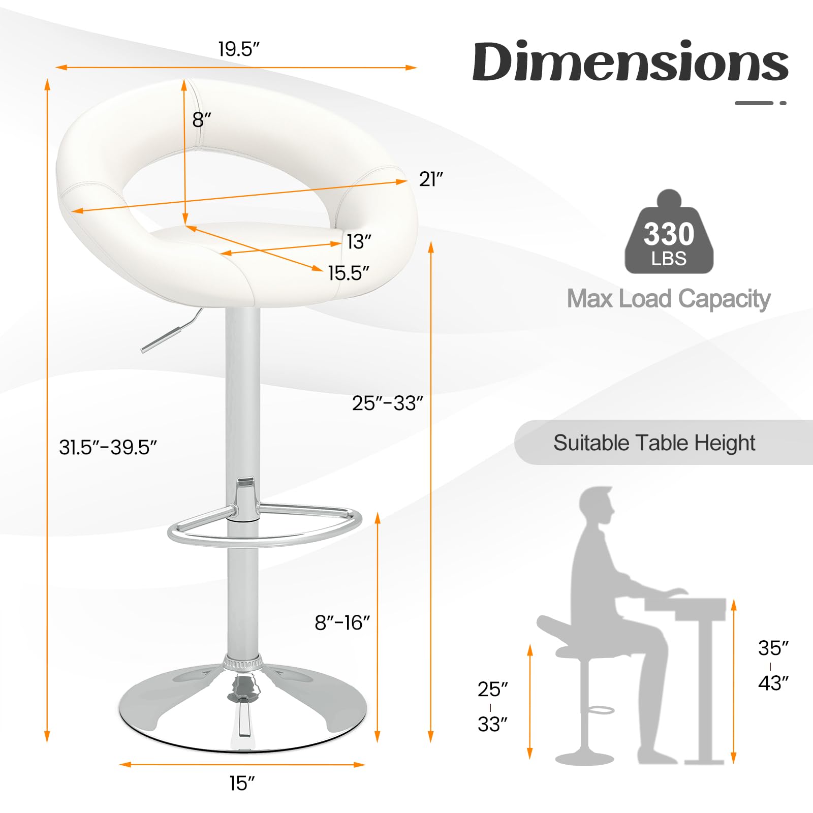 KOMFOTT Adjustable Swivel Bar Stools Set of 2/4, Modern PU Leather Counter Height Bar Chairs w/Hollowed Back, Footrest, Metal Base