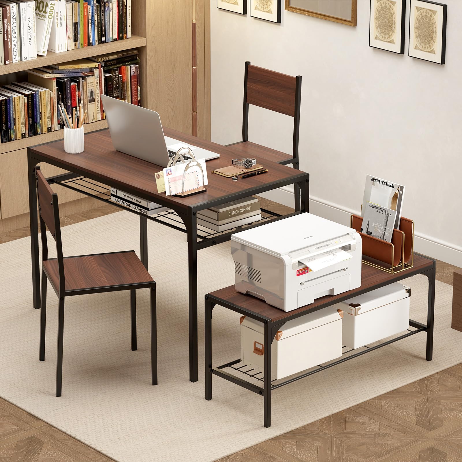 KOMFOTT 4 Pieces Dining Table Set, Kitchen Table and 2 Chairs for 4 with Bench, Storage Racks