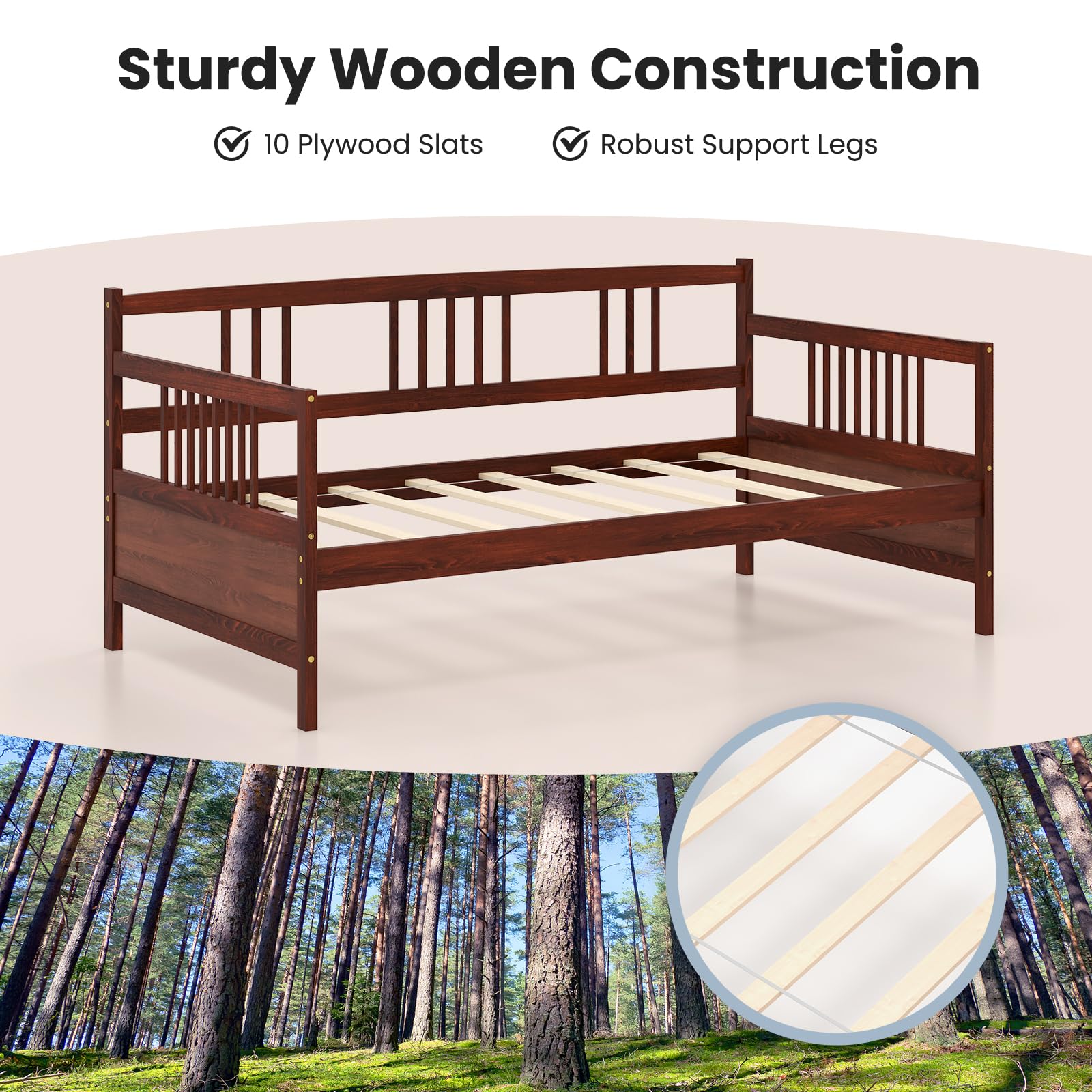 KOMFOTT Twin Size Wood Daybed with Rails & Wood Slat Support