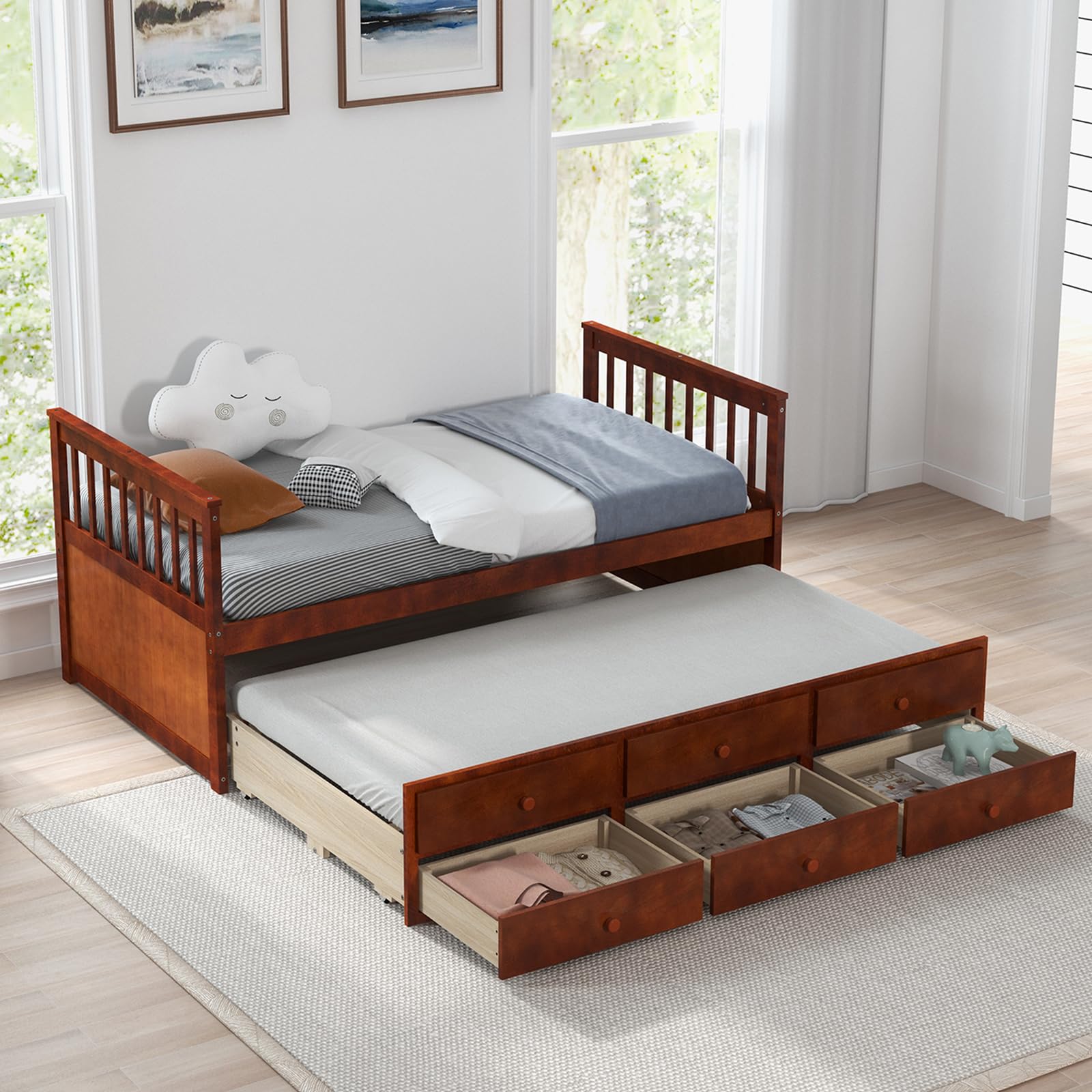 KOMFOTT Twin Size Wooden Captain Daybed with Drawers and Trundle Bed