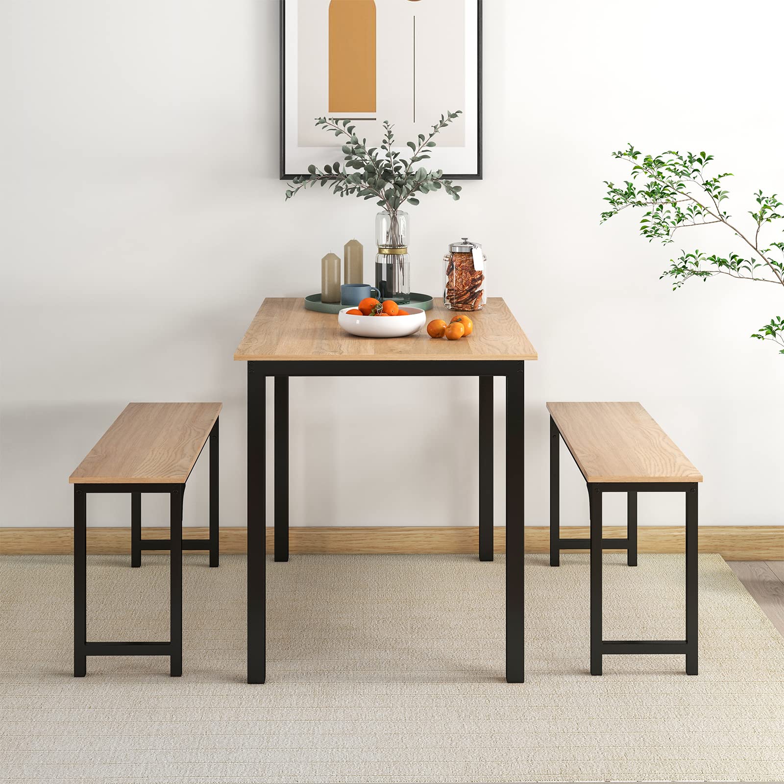 KOMFOTT Dining Table Set with 2 Benches, Industrial Kitchen Table & Chairs with Metal Frame