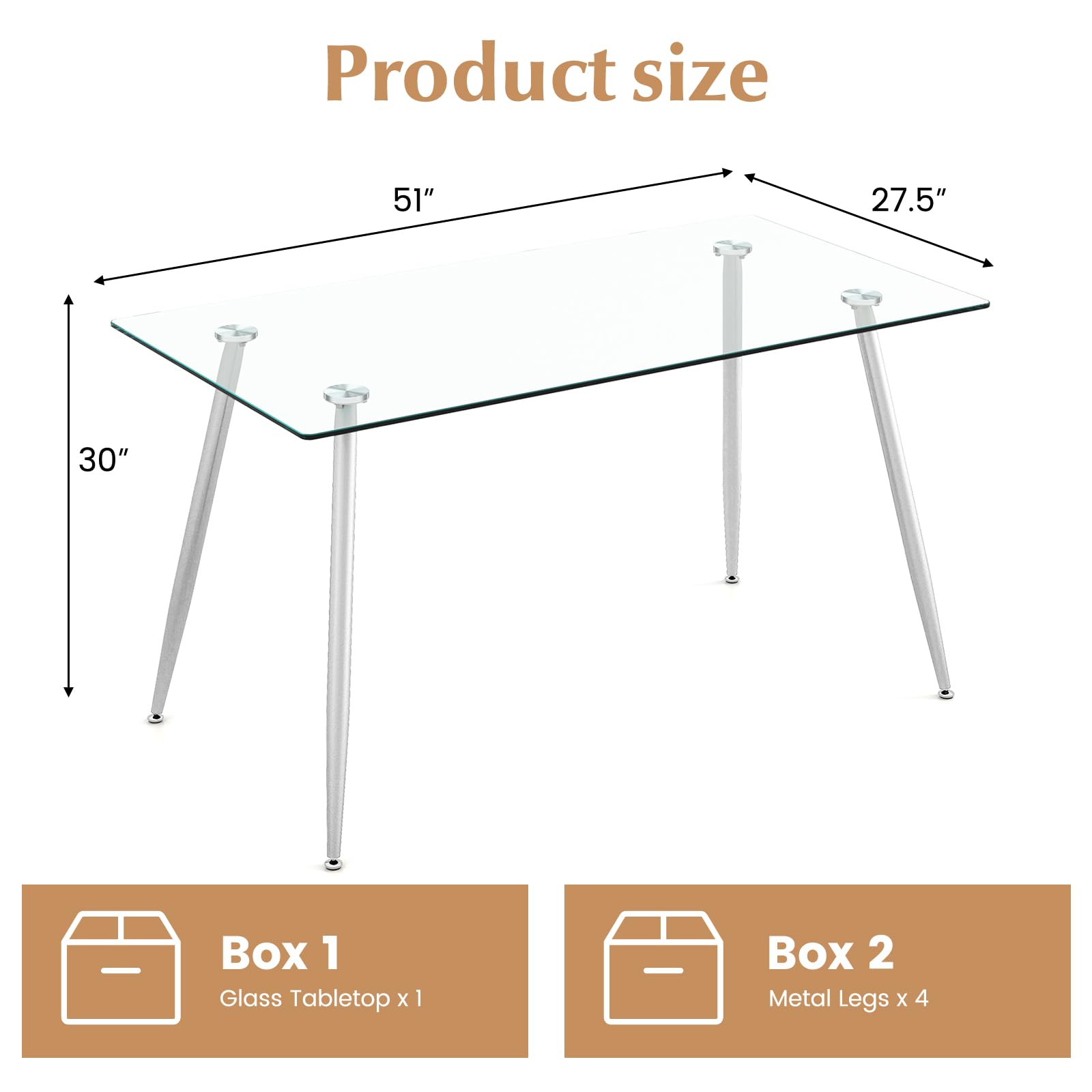 KOMFOTT Glass Dining Table, Modern Rectangular Table with Spacious Tempered Glass Tabletop, 51 x 27.5 x 29.5 Inch