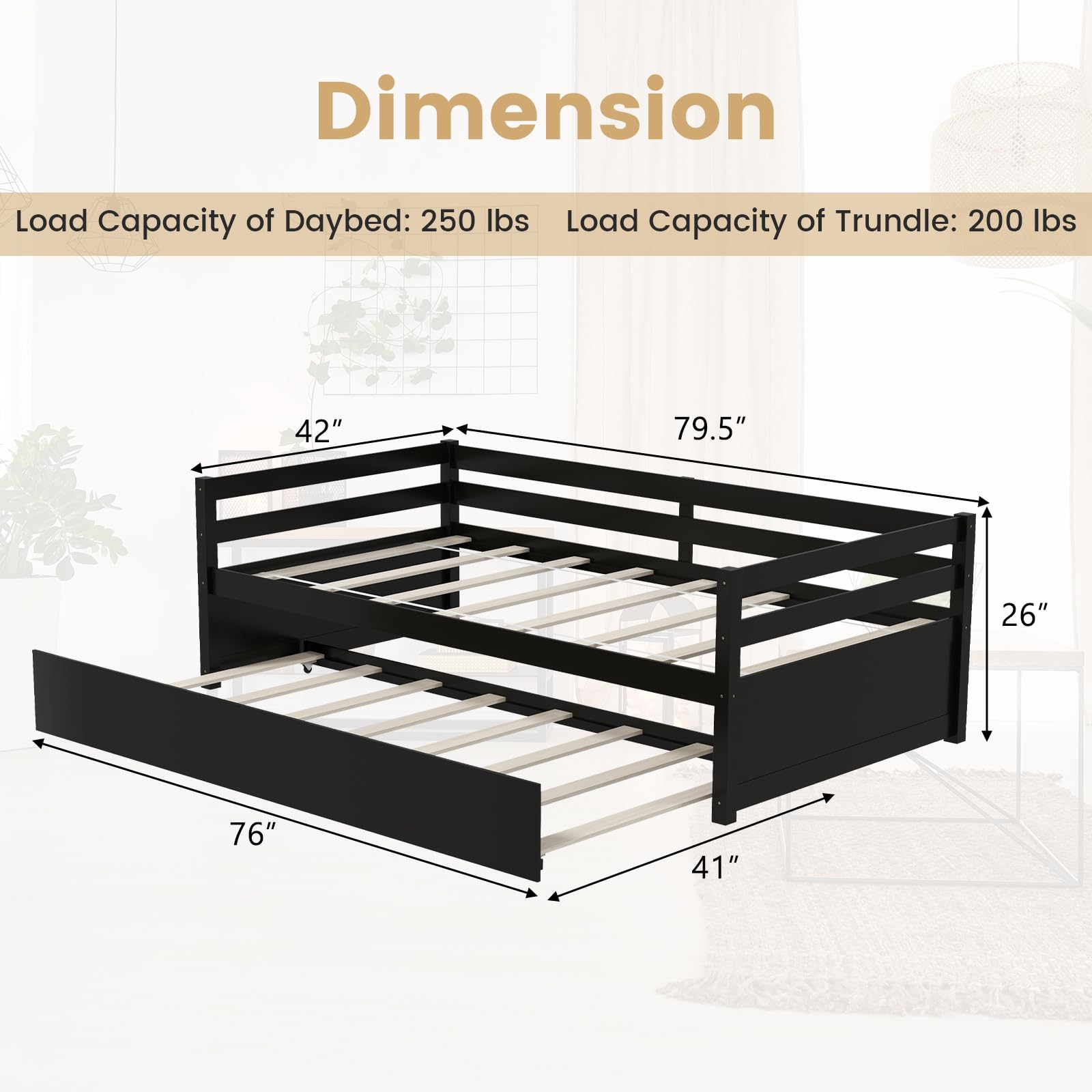 KOMFOTT Twin Daybed with Trundle, Wood Trundle Bed with Wood Slat Support