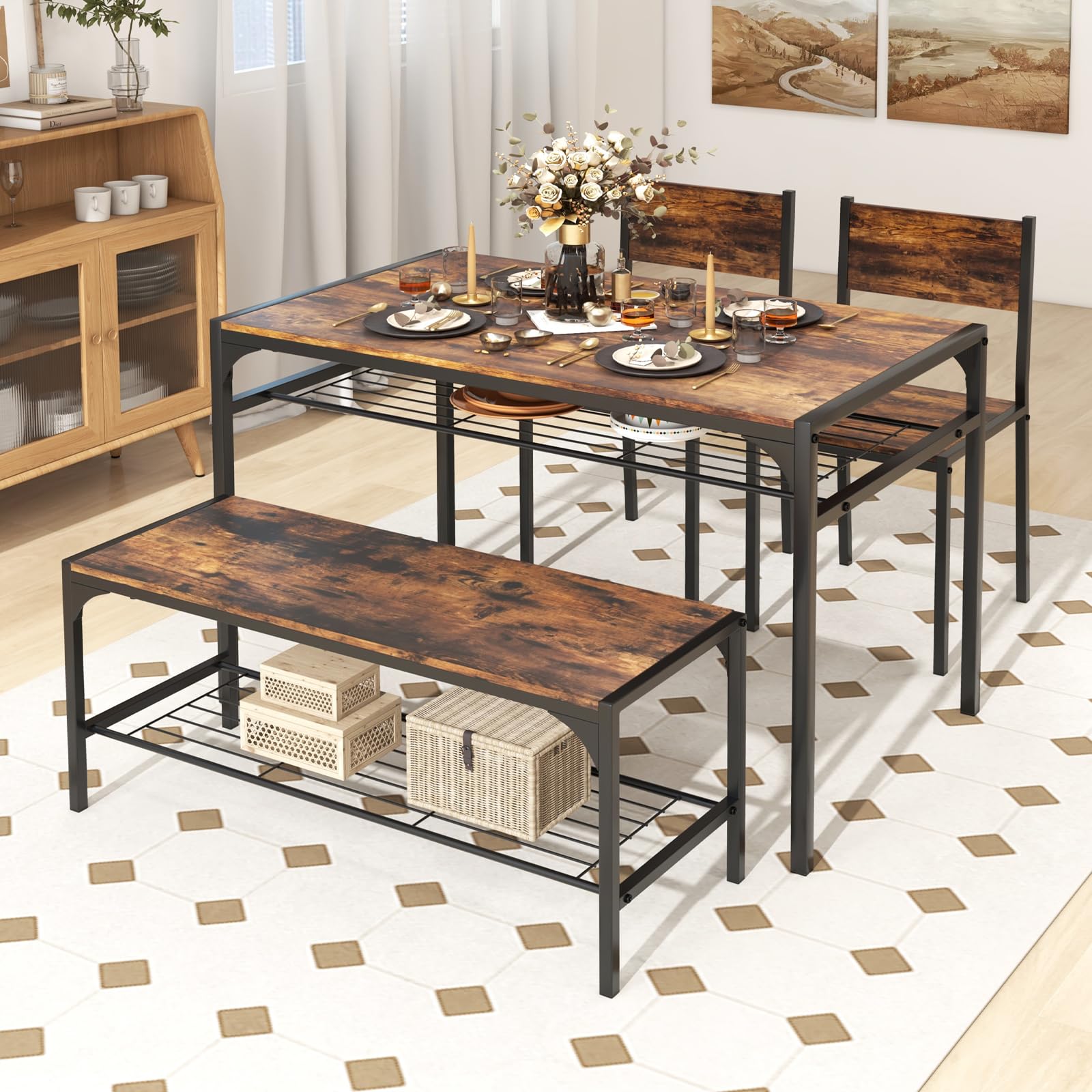 KOMFOTT 4 Pieces Dining Table Set, Kitchen Table and 2 Chairs for 4 with Bench, Storage Racks