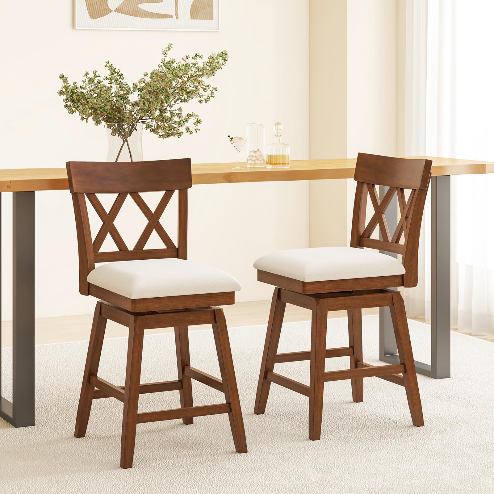 KOMFOTT Bar Stool, Swivel Counter Height Bar Chair with Contoured Backrest, Padded Seat & Rubber Wood Legs