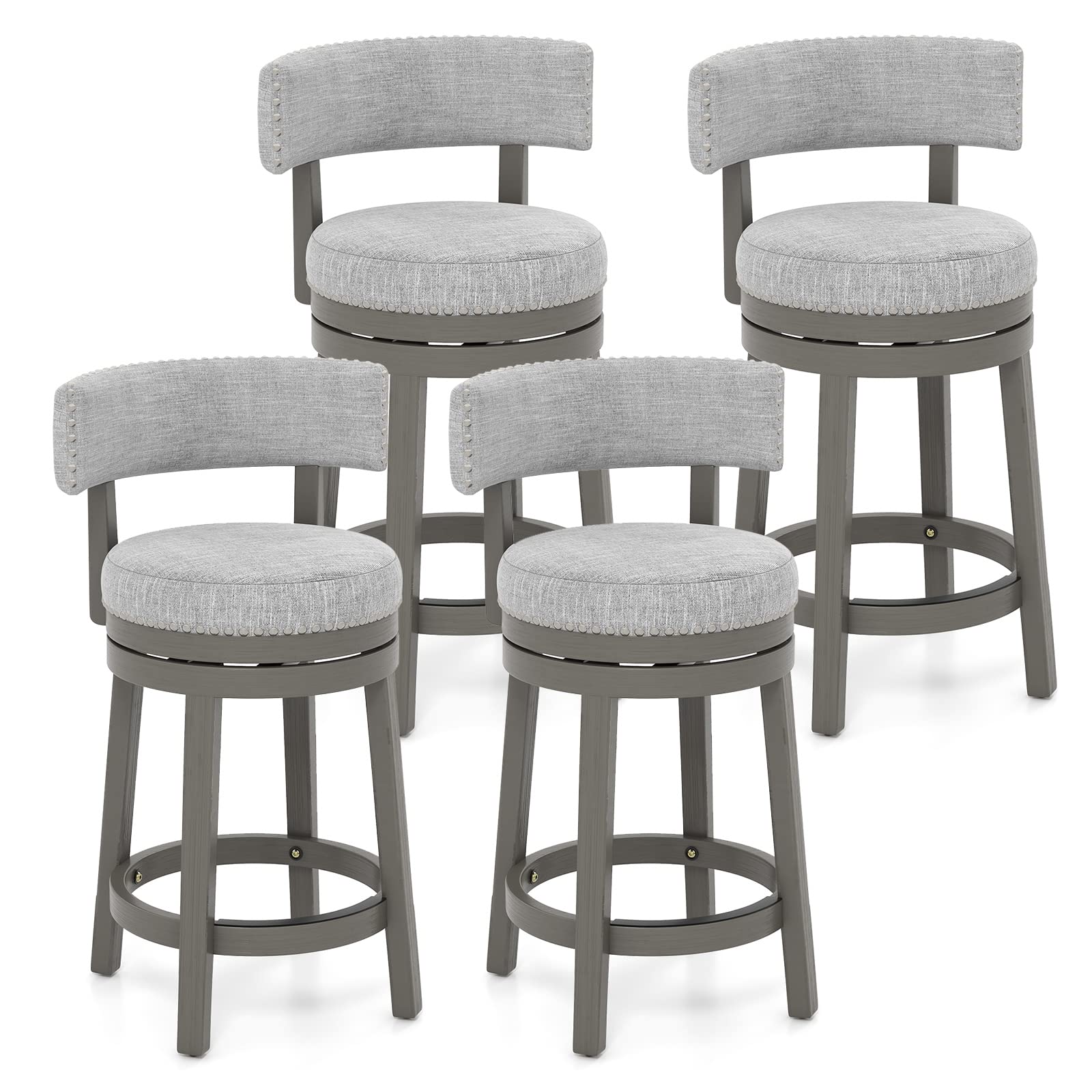 KOMFOTT Bar Stool, Modern 360° Swivel Barstool with Upholstered Back & Seat, Solid Rubber Wood Legs & Round Footrest