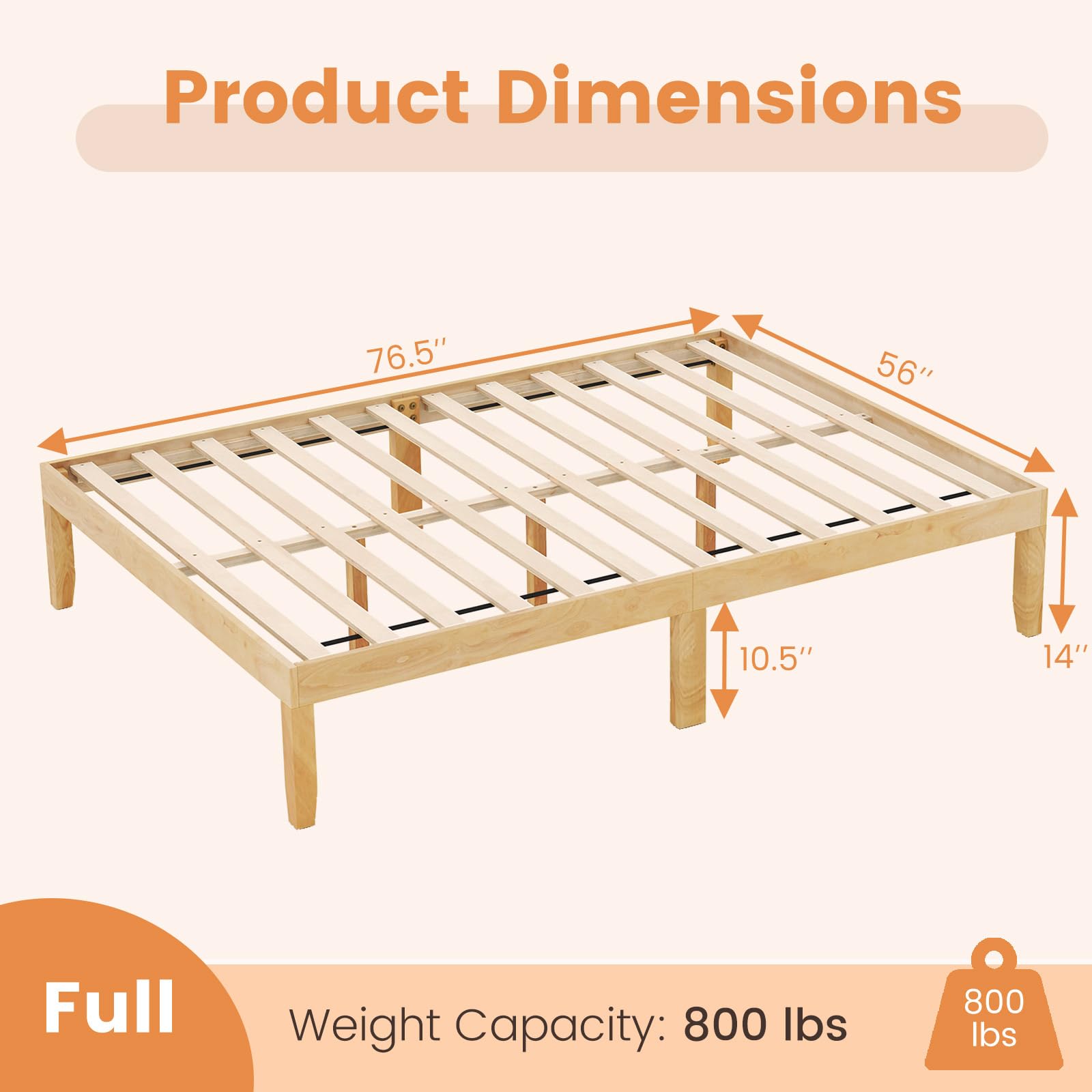 KOMFOTT Wood Platform Bed Frame, 14 Inches Wooden Mattress Foundation with Solid Rubber Wood Legs