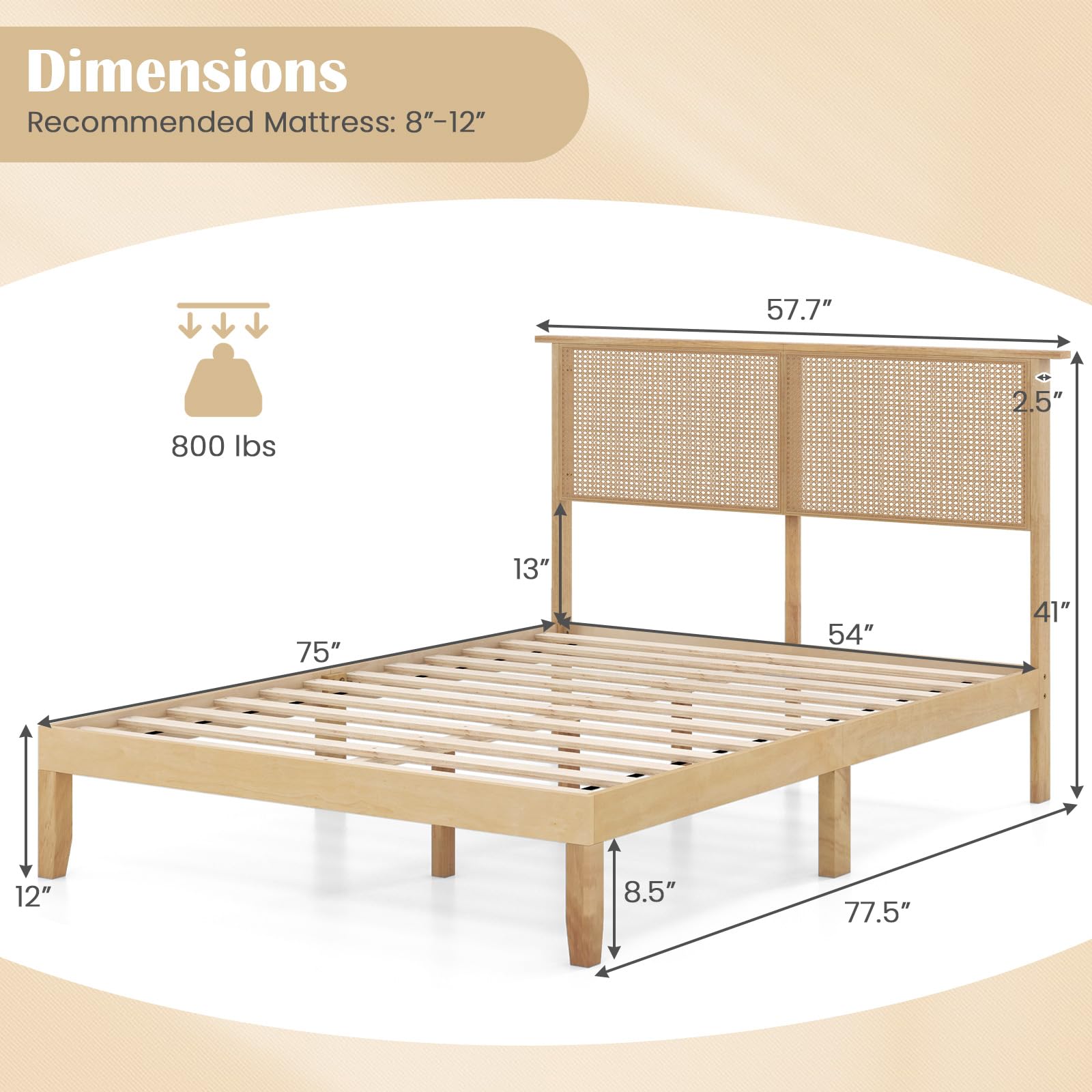 KOMFOTT Rattan Bed Frame with Rattan Headboard, Boho Solid Wood Platform Bed with Wooden Slats