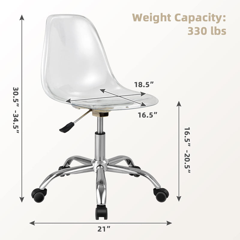 KOMFOTT Acrylic Clear Desk Chair, Armless Swivel Vanity Ghost Plastic Chair with Sturdy Metal Base & Smooth Wheels