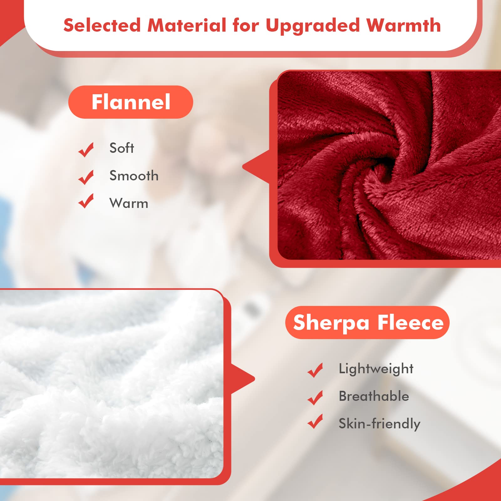 KOMFOTT Heated Electric Blanket Throw, Reversible Flannel & Sherpa Fleece Blanket with 10 Heat Levels, 9 Hours Auto Shut-Off, Overheat Protection