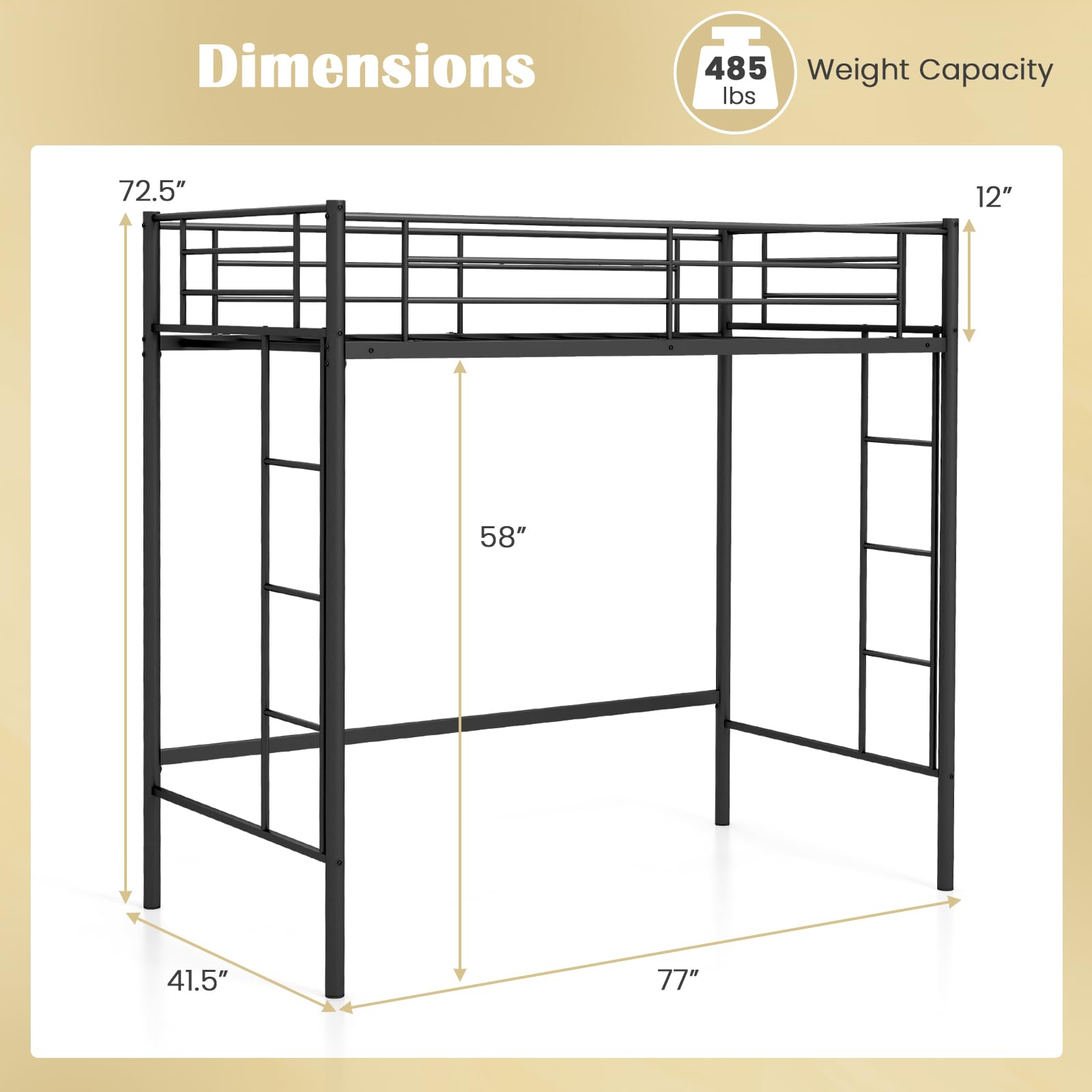 KOMFOTT Twin Size Metal Loft Bed Frame with Both Side Ladders & Safety Guardrails