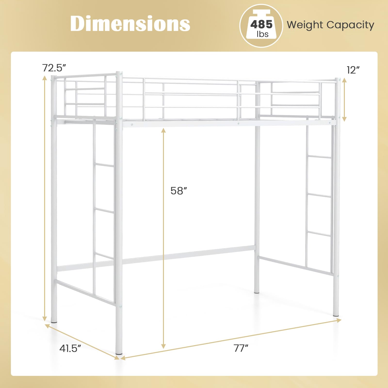 KOMFOTT Metal Loft Bed Frame Twin Size, Heavy-duty Steel Slats Support Loft Bed with Both Side Ladders & Guardrails