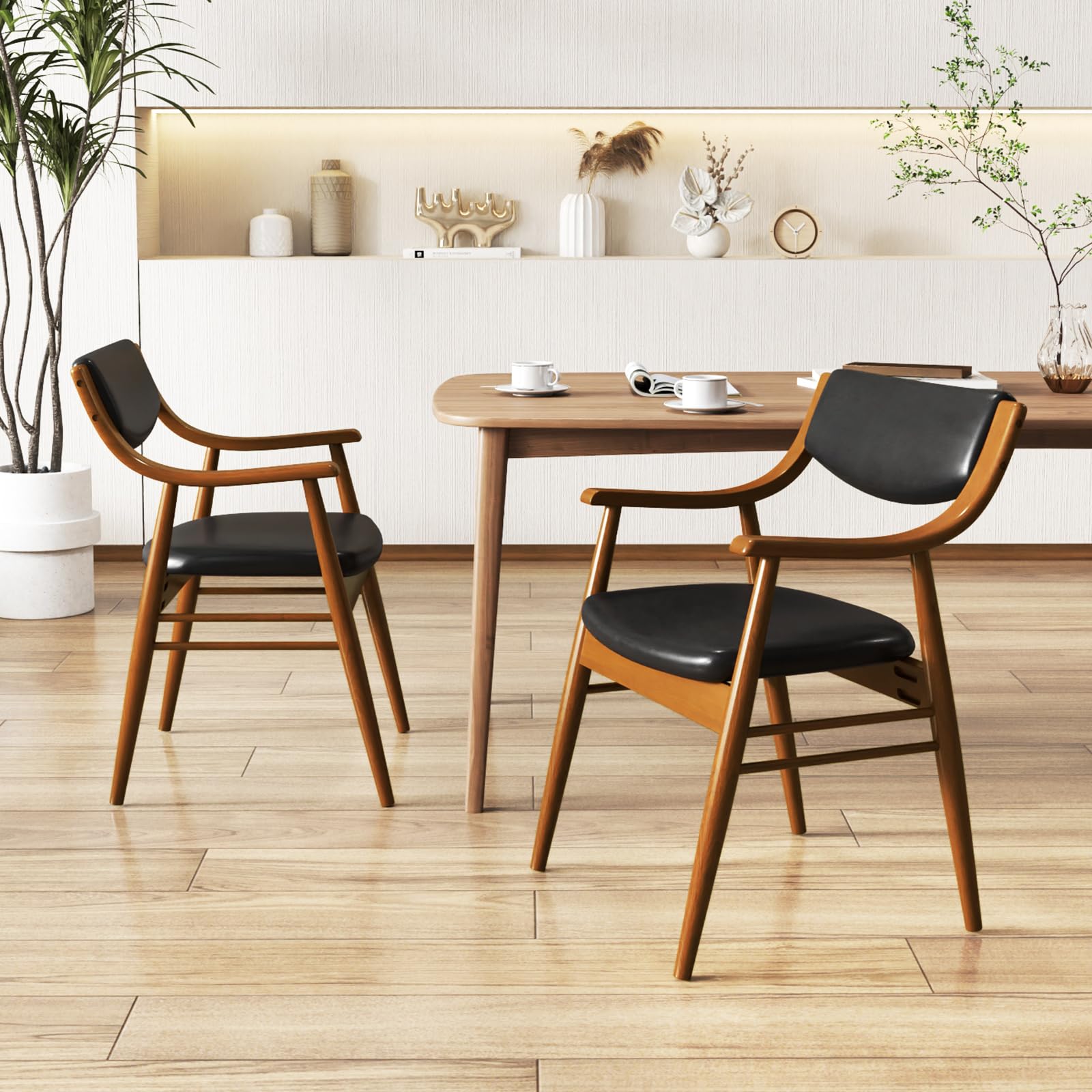 KOMFOTT Wooden Dining Chairs Set of 2/4, PU Leather Upholstered Kitchen Chairs w/Padded Seat & Back, Rubber Wood Frame