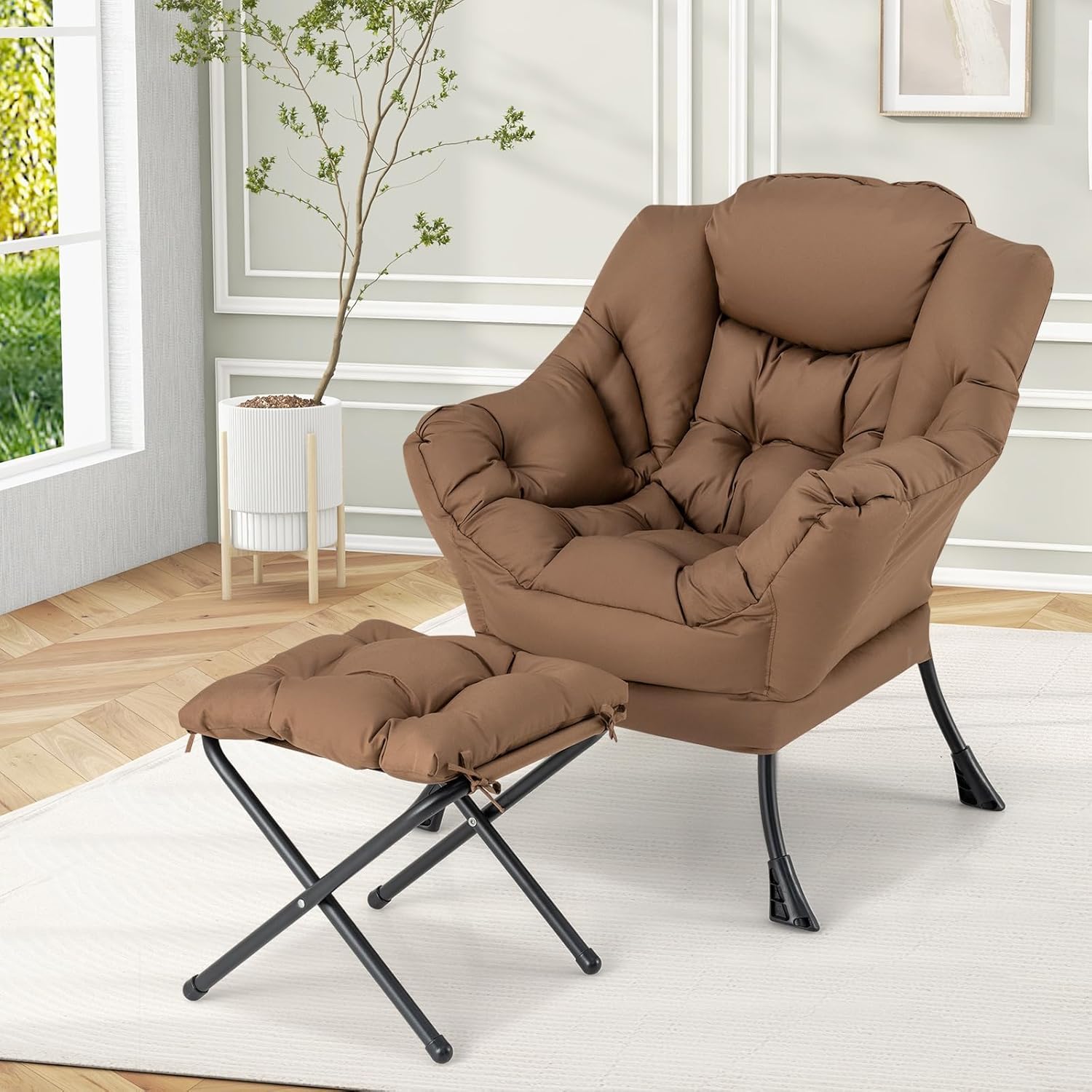 KOMFOTT Lazy Sofa Chair with Ottoman, Leisure Upholstered Reading Chair with Armrests & Side Pocket