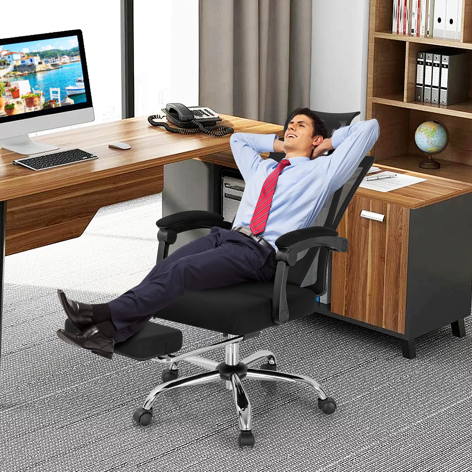 KOMFOTT Ergonomic Mesh Office Chair, High Back Computer Desk Chair w/Adjustable Headrest, Footrest, Lumbar Support