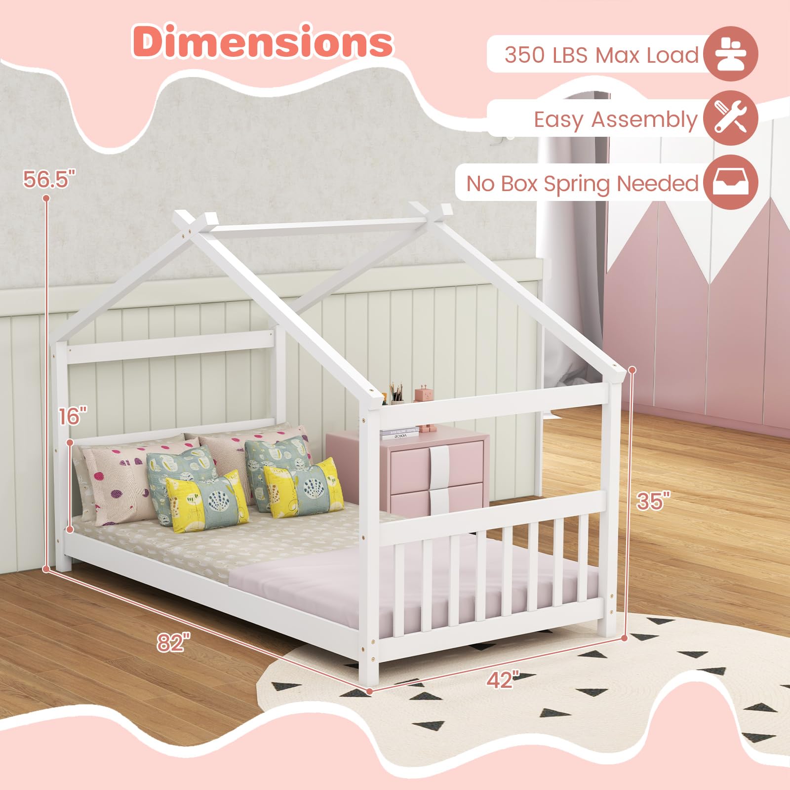 KOMFOTT Twin Wood Kids House Bed with Roof, Headboard and Footboard