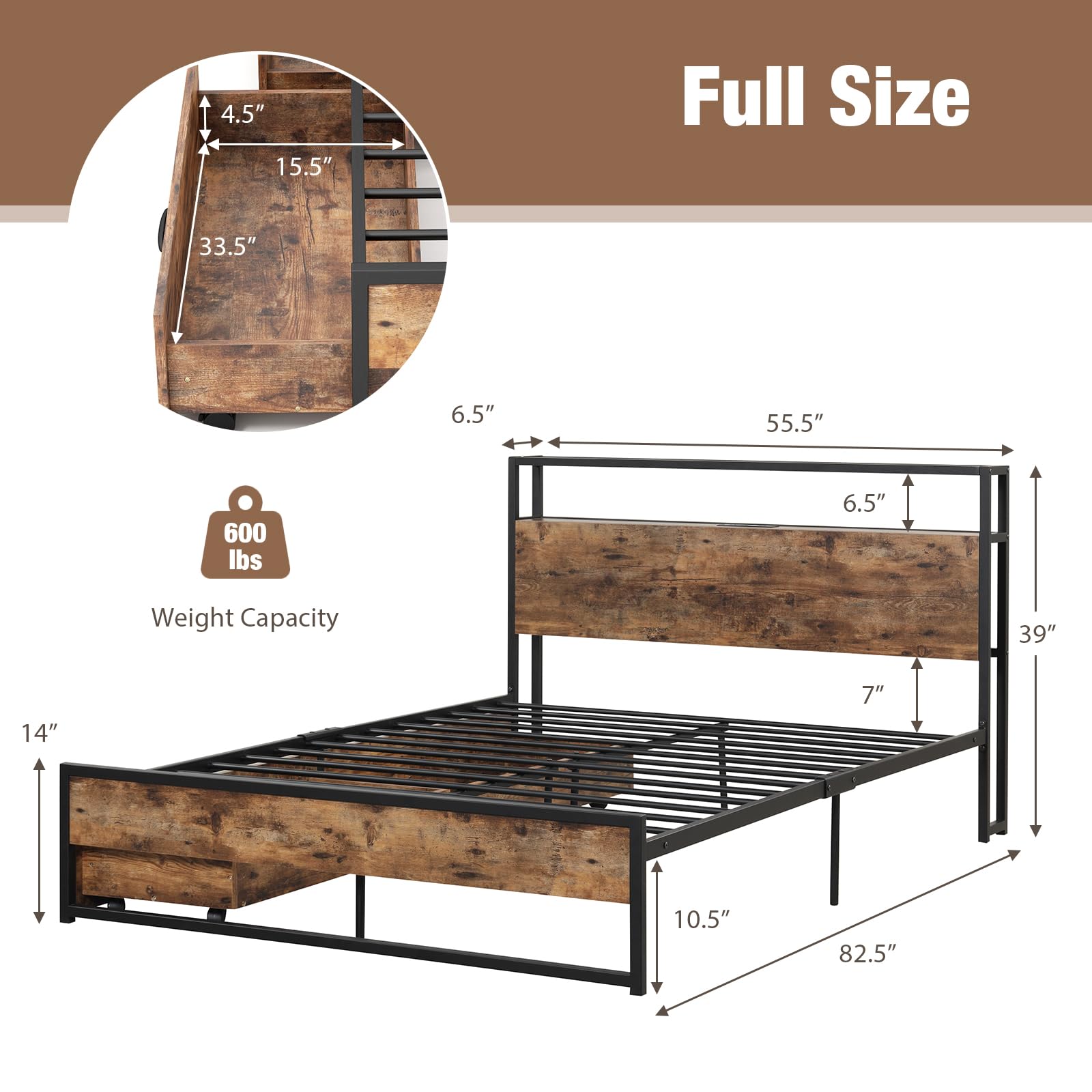 Full Bed Frame w/ Charging Station & 2 Storage Drawers - KOMFOTT