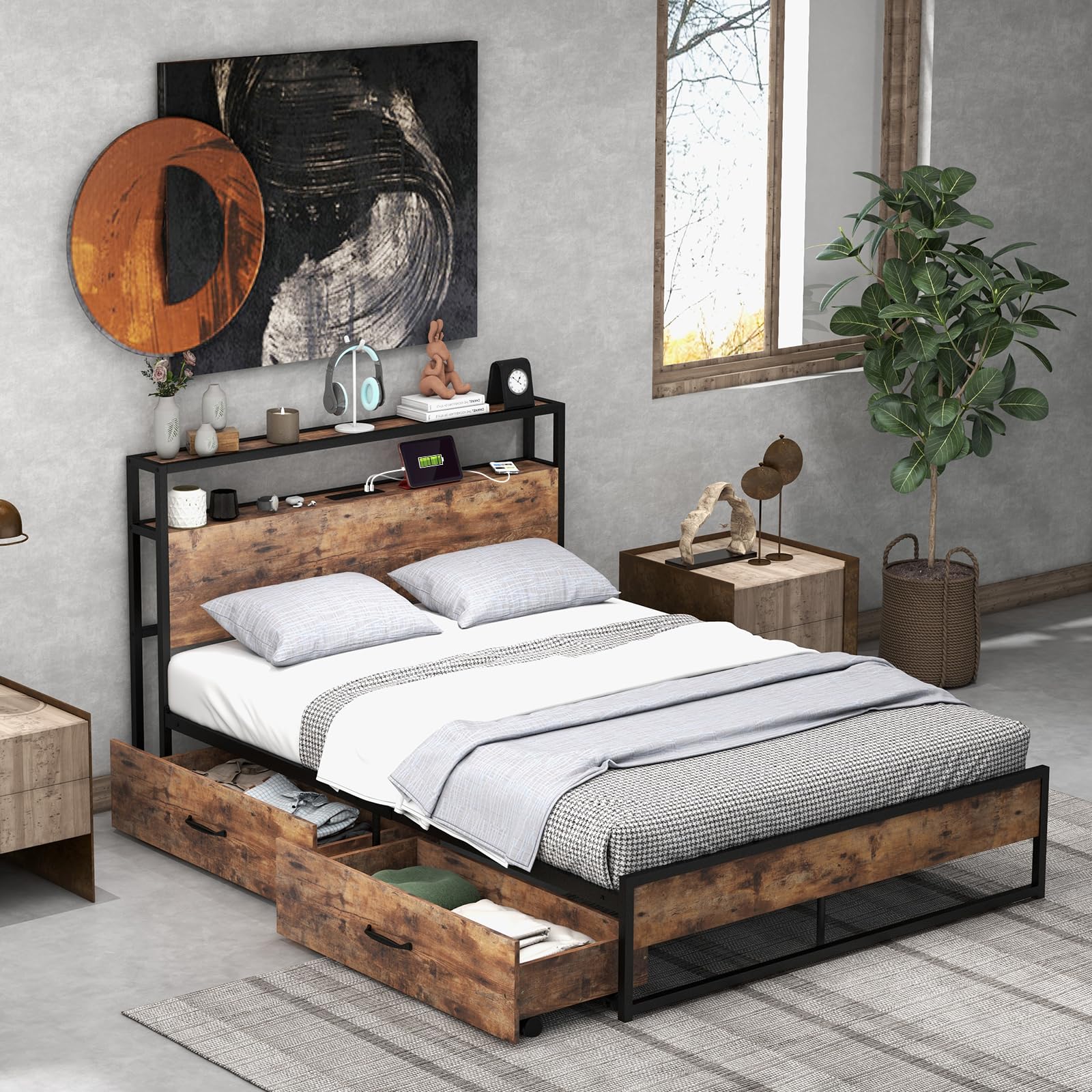 KOMFOTT Bed Frame with 2 Storage Drawers and Charging Station，Rustic Metal Slats Support Mattress Foundation