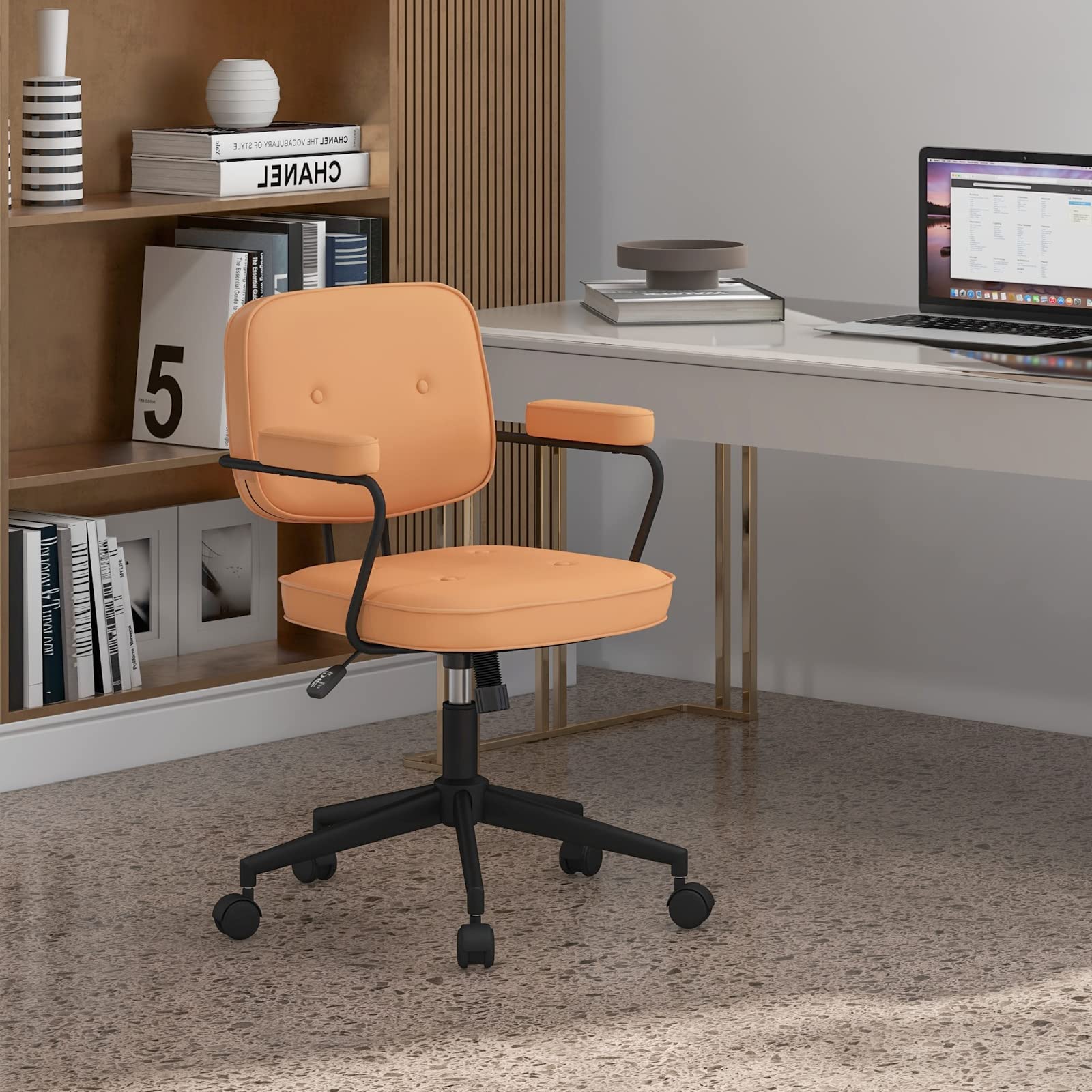 KOMFOTT Mid Century Leather Office Chair Orange, Height Adjustable Desk Chair with Rocking Backrest & Padded Armrest