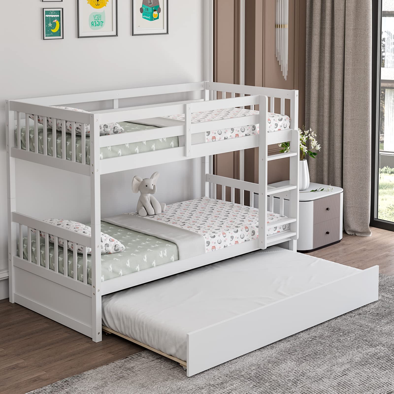 KOMFOTT Twin Over Twin Wood Bunk Bed with Trundle, Convertible Platform Bed Frame with Ladder & Solid Wood Frame