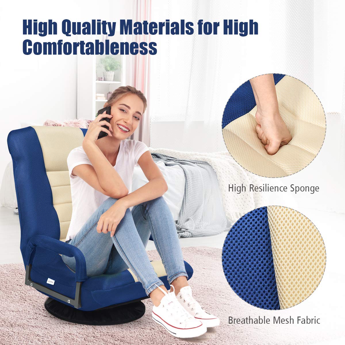 KOMFOTT 360-Degree Foldable Swivel Gaming Floor Chair With 6 Adjustable Position, Armrests, Padded Backrest